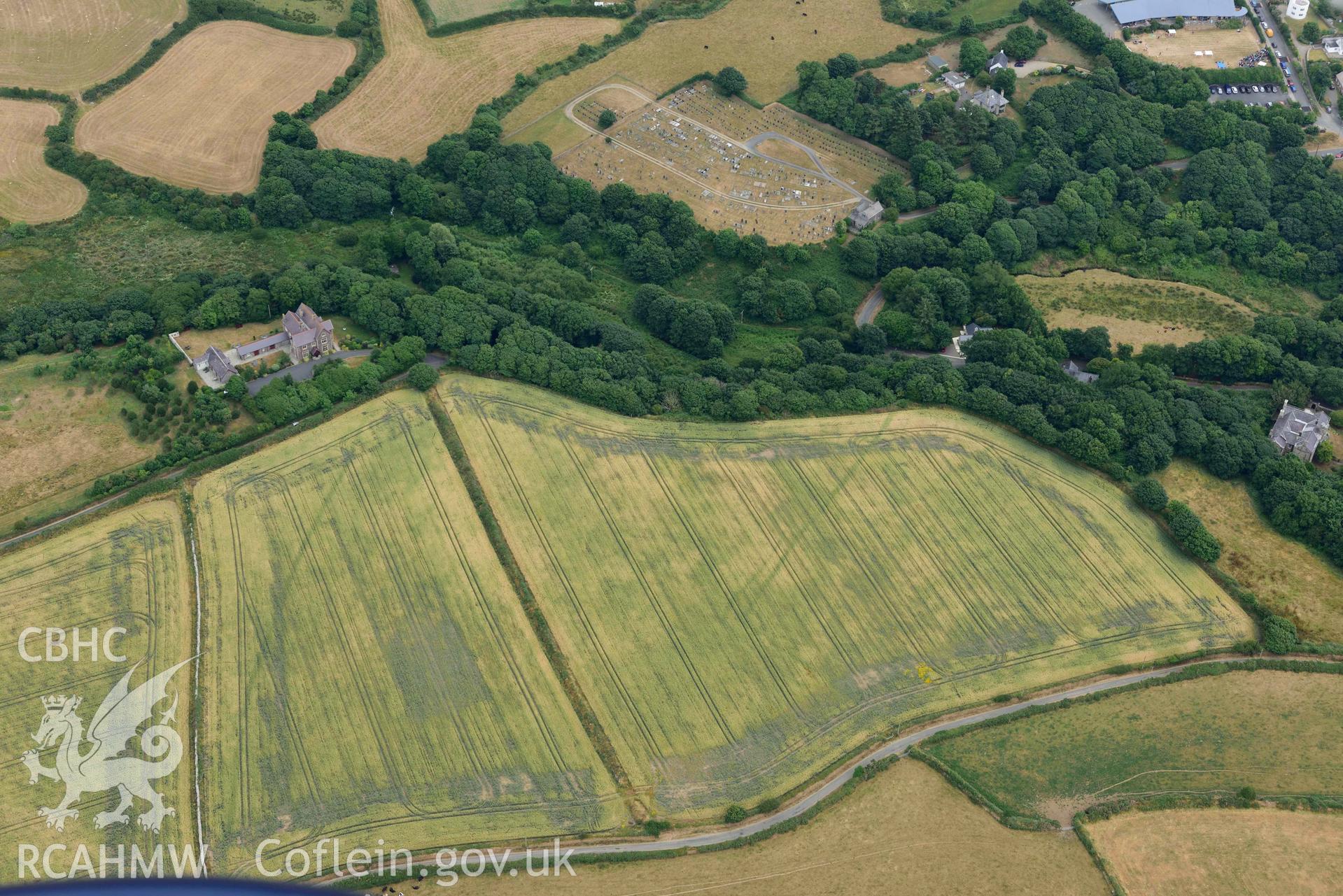 RCAHMW colour oblique aerial photograph of Pont y Penyd cropmarks taken on 11 July 2018 by Toby Driver