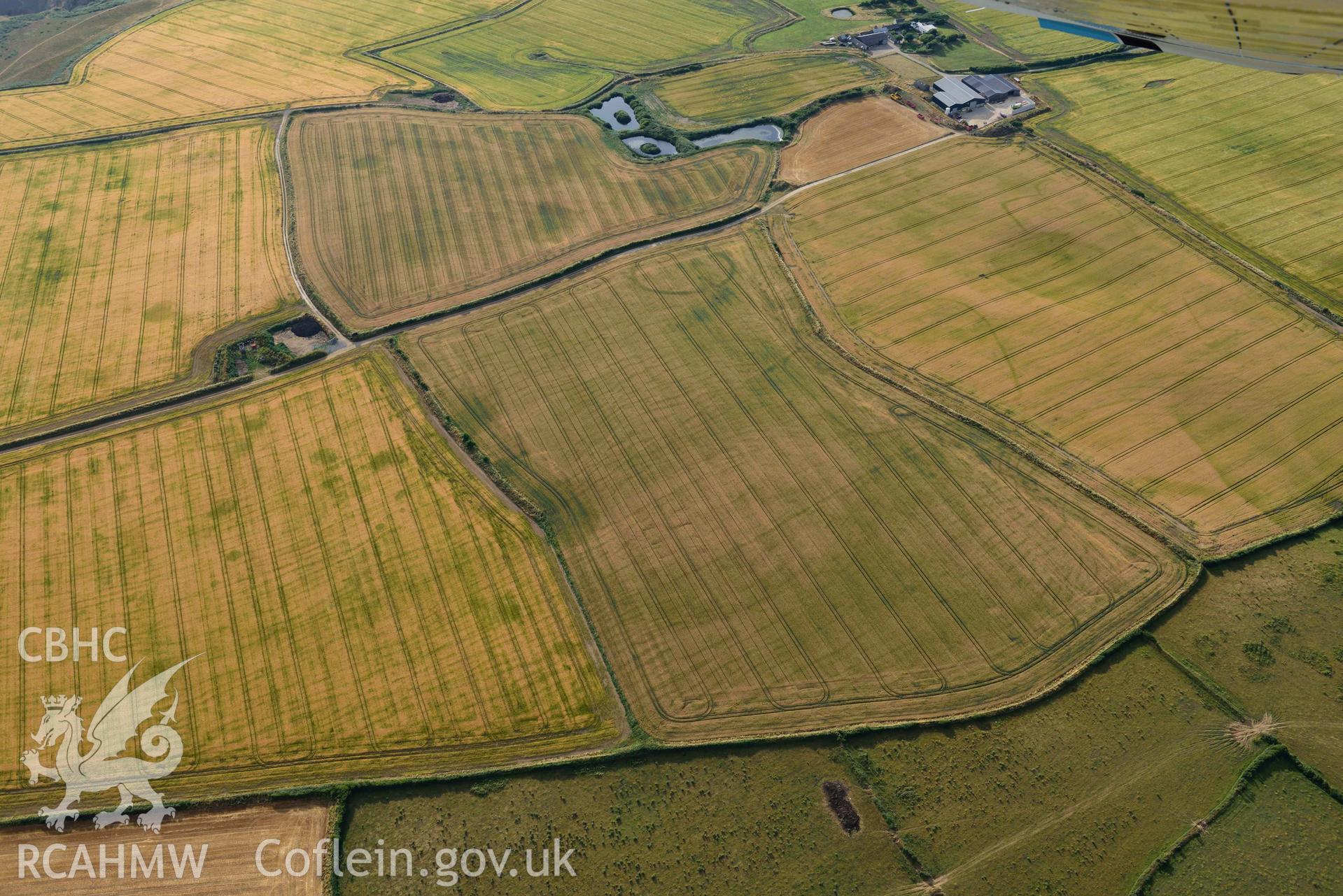 RCAHMW colour oblique aerial photograph of Paviland Manor, cropmark complex; SW circular enclosure & polygonal enclosure, from NE taken on 17 July 2018 by Toby Driver (NGR: SS448861)