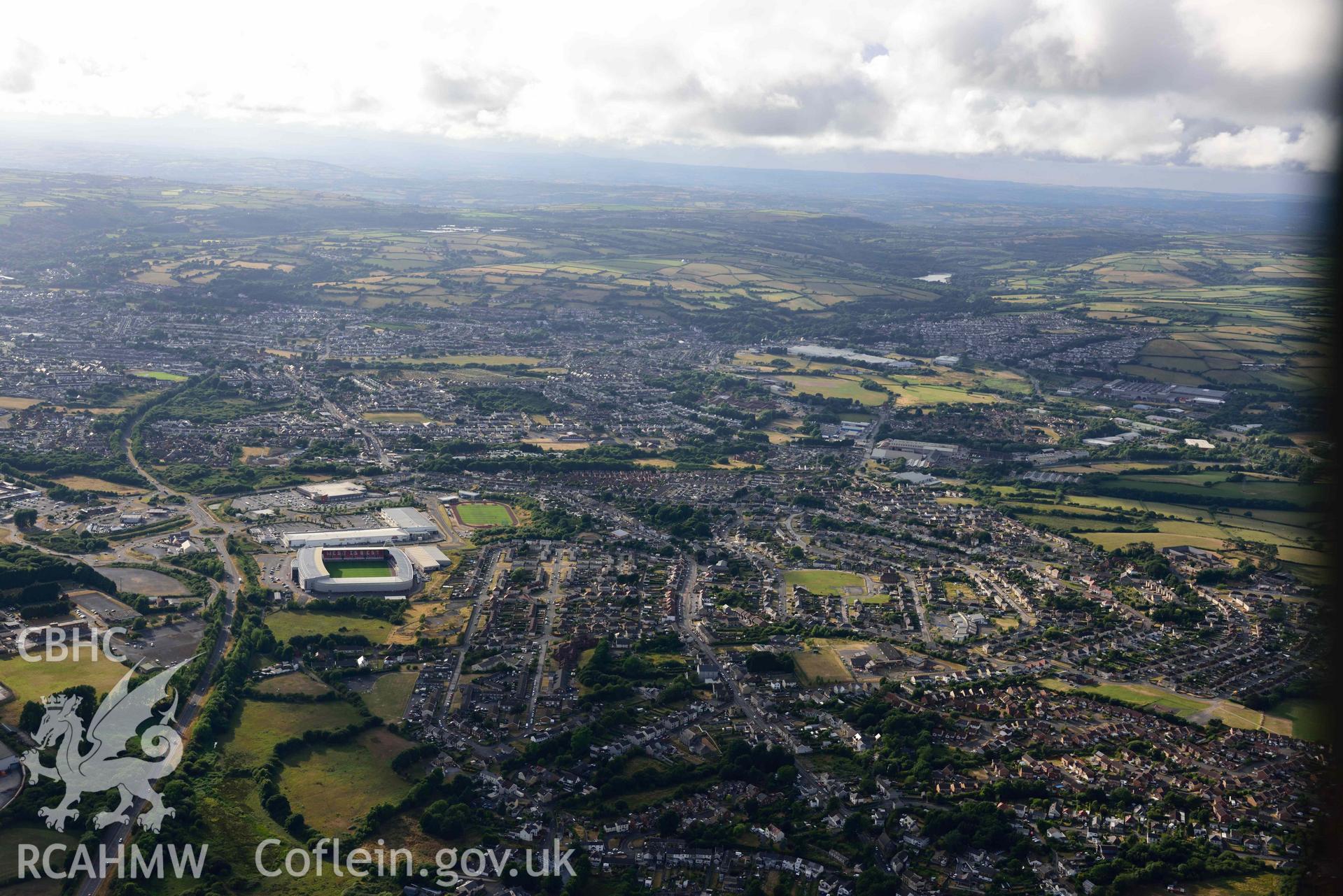 RCAHMW colour oblique aerial photograph of Parc y Scarlets taken on 17 July 2018 by Toby Driver