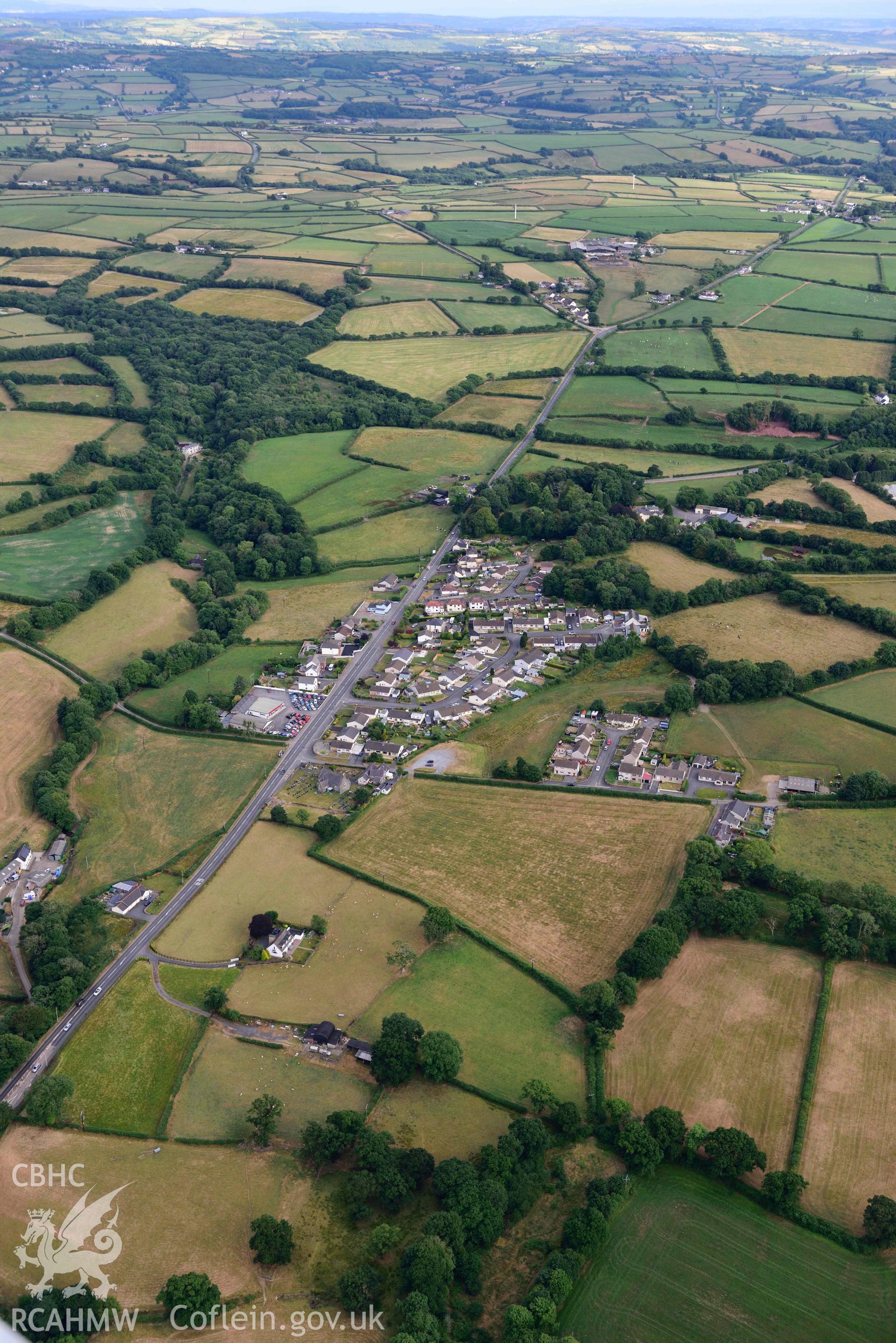 RCAHMW colour oblique aerial photograph of Roman road from Carmarthen to Kidwelly; view looking S from Cwmffrwd taken on 17 July 2018 by Toby Driver (NGR: SN425168)