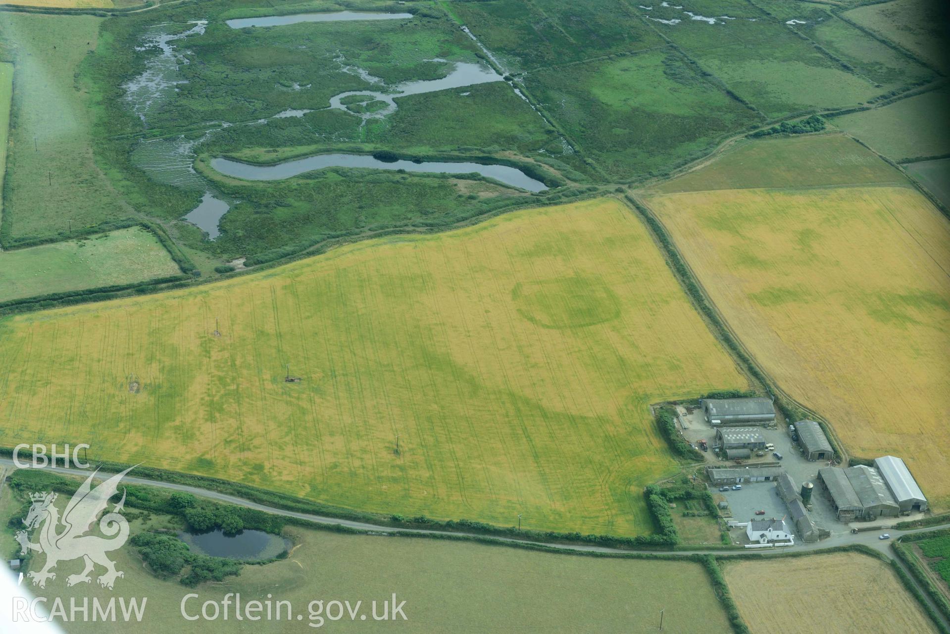 RCAHMW colour oblique aerial photograph of Trehill Farm defended enclosure cropmark taken on 17 July 2018 by Toby Driver (NGR: SM774085)