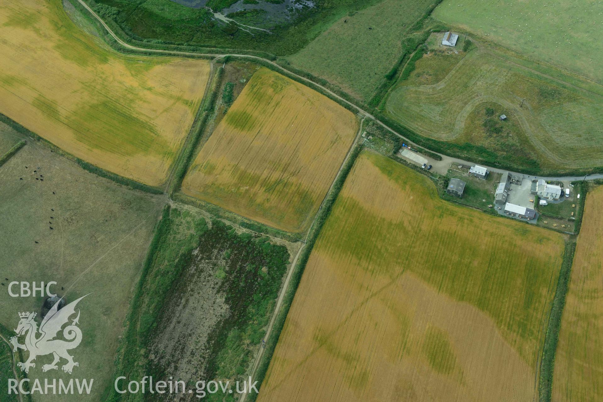 RCAHMW colour oblique aerial photograph of Runwayskiln Prehistoric Settlement Cropmarks, view from SE taken on 17 July 2018 by Toby Driver (NGR: SM776079)