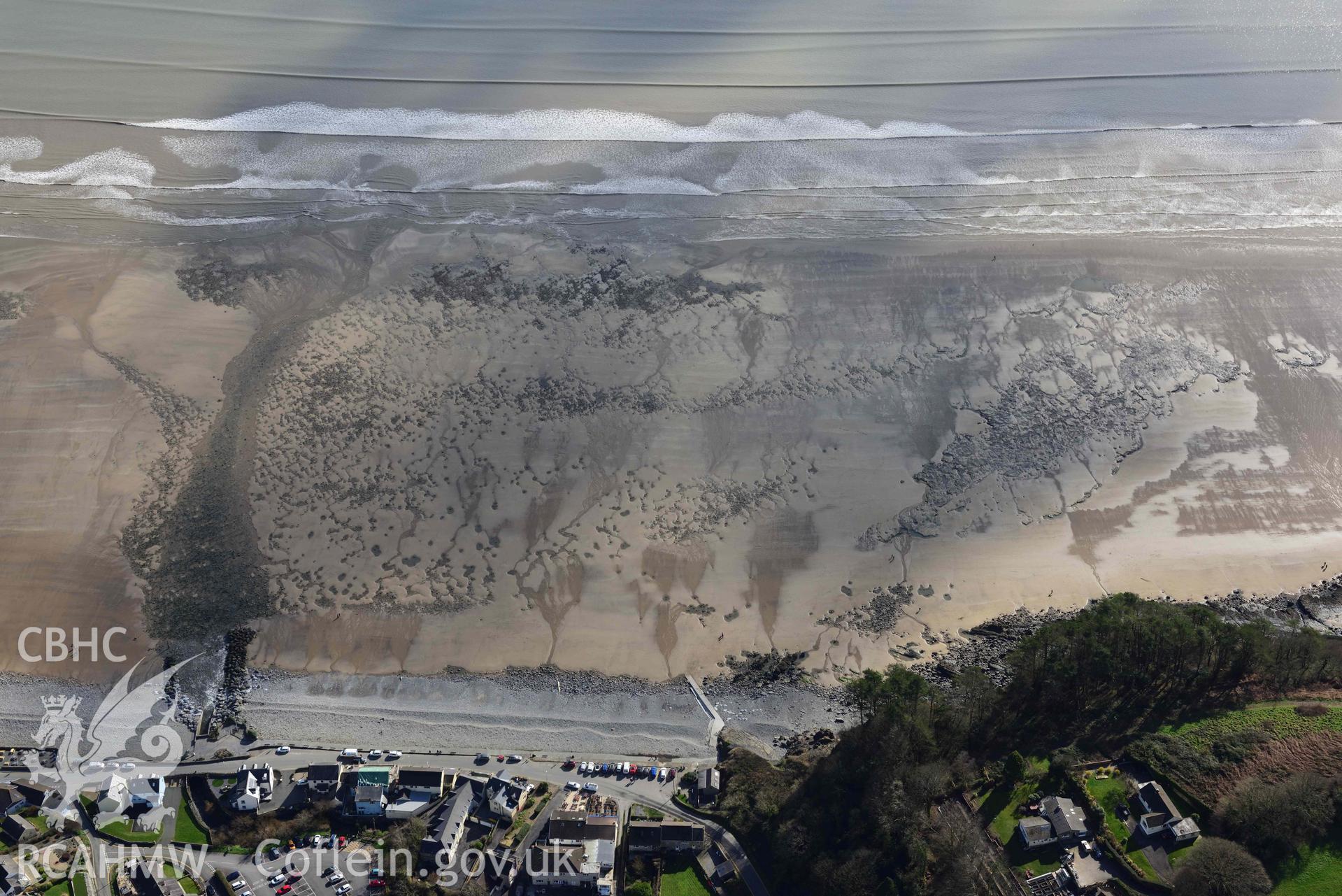 RCAHMW colour oblique aerial photograph of Amroth, beach exposures following storms taken on 4 March 2022 by Toby Driver ((SN163070)