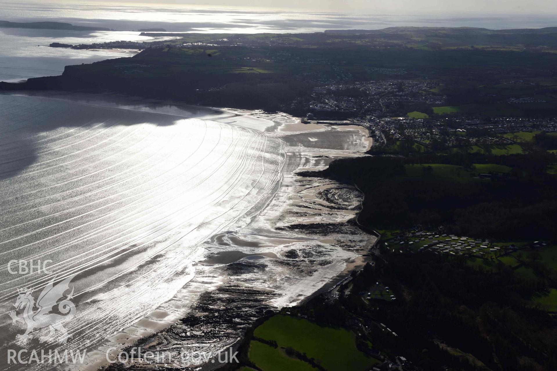 RCAHMW colour oblique aerial photograph of Wiseman's Bridge, coastal exposures following storms taken on 4 March 2022 by Toby Driver ((SN146060)