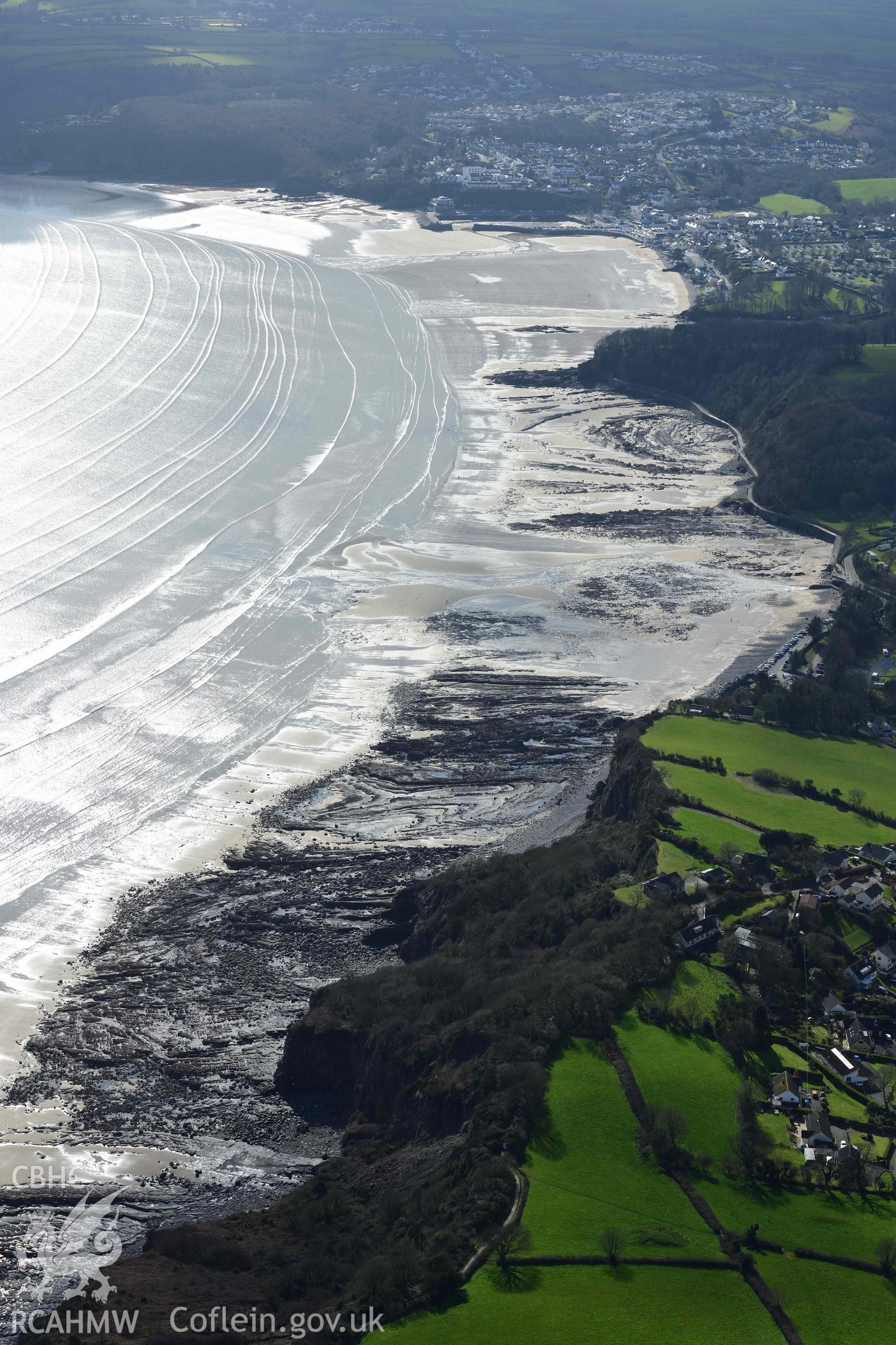 RCAHMW colour oblique aerial photograph of Wiseman's Bridge, coastal exposures following storms taken on 4 March 2022 by Toby Driver ((SN146060)