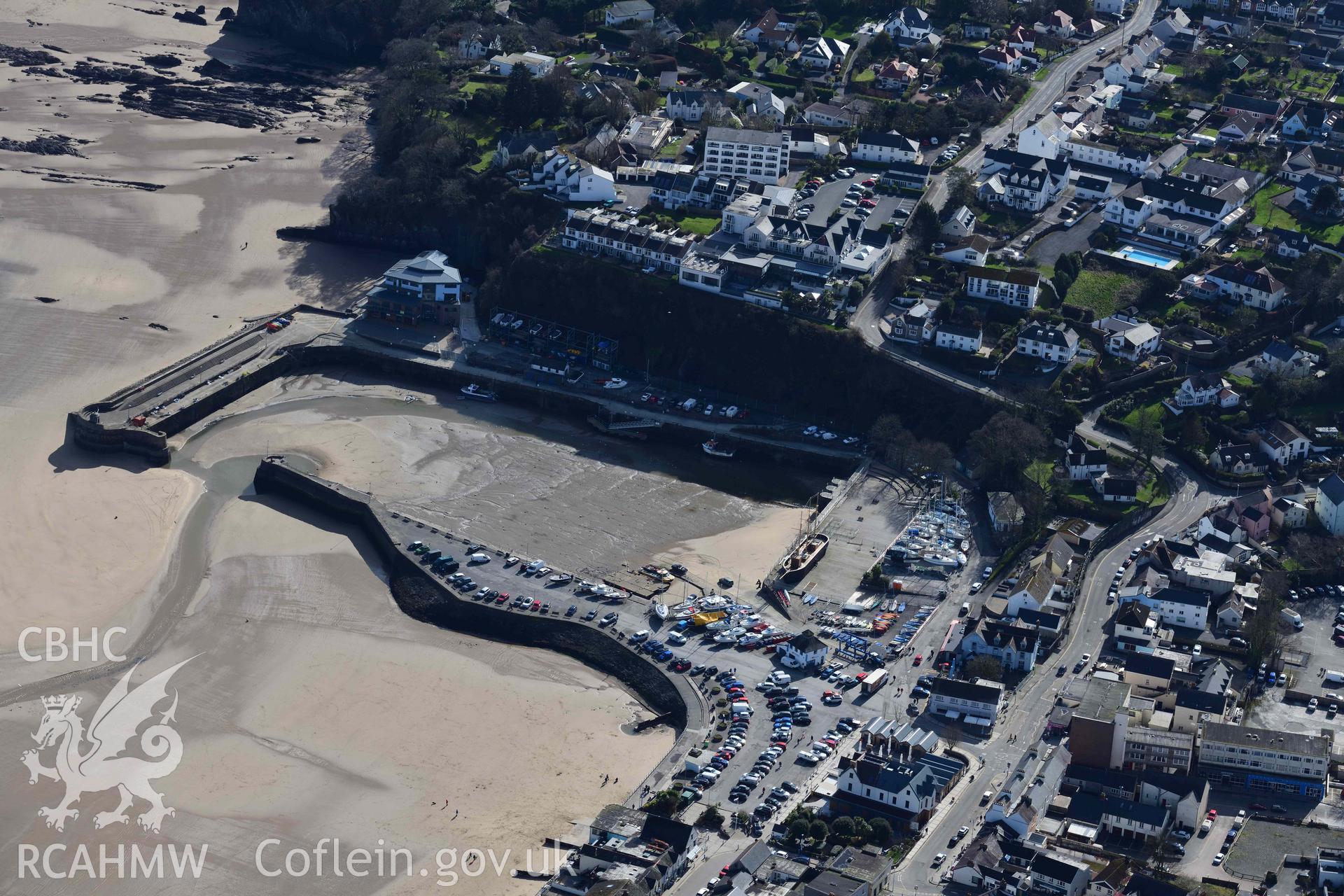 RCAHMW colour oblique aerial photograph of Saundersfoot Harbour, view from NW taken on 4 March 2022 by Toby Driver ((SN137046)