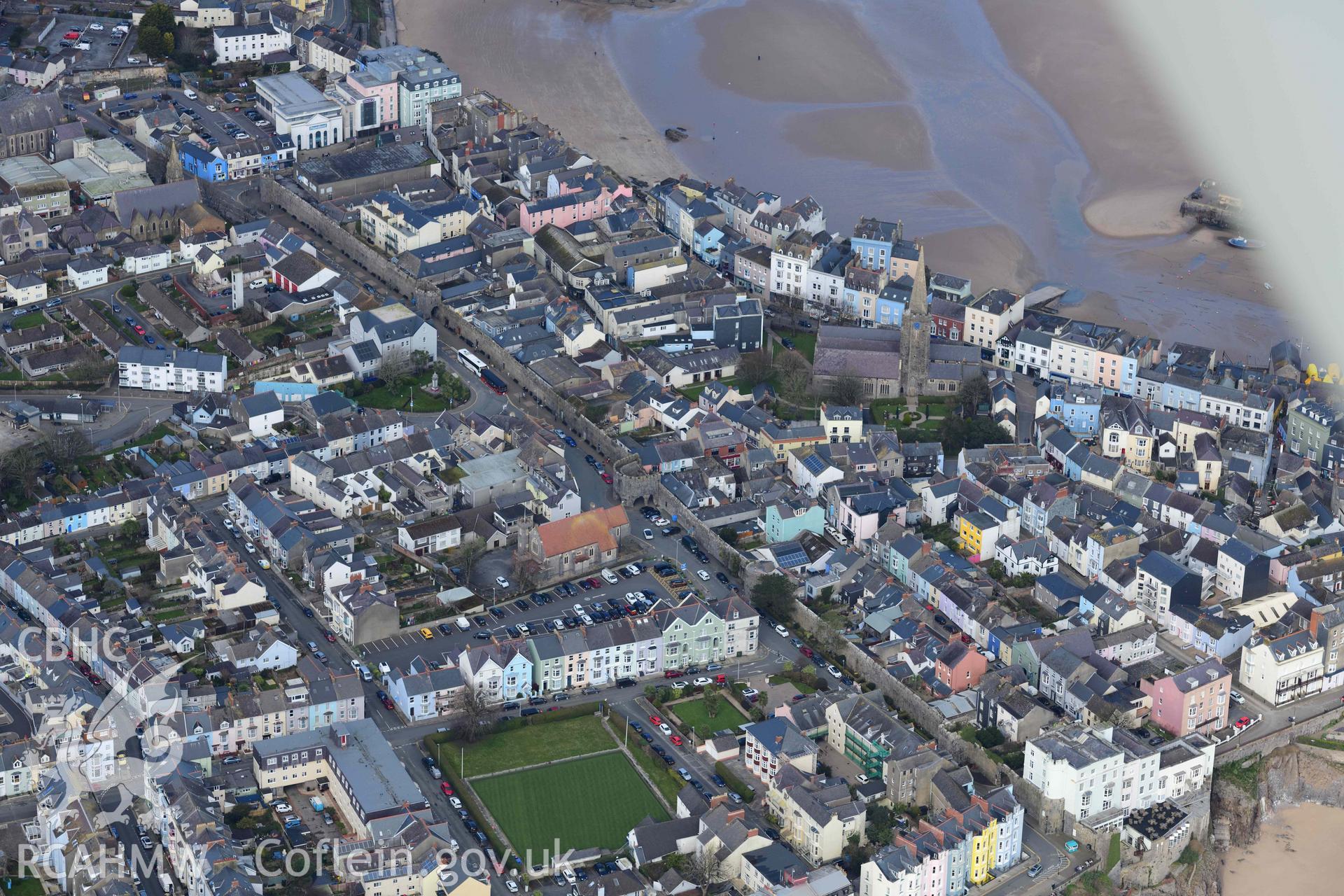 RCAHMW colour oblique aerial photograph of Tenby Town Walls, from SW taken on 4 March 2022 by Toby Driver ((SN133003)