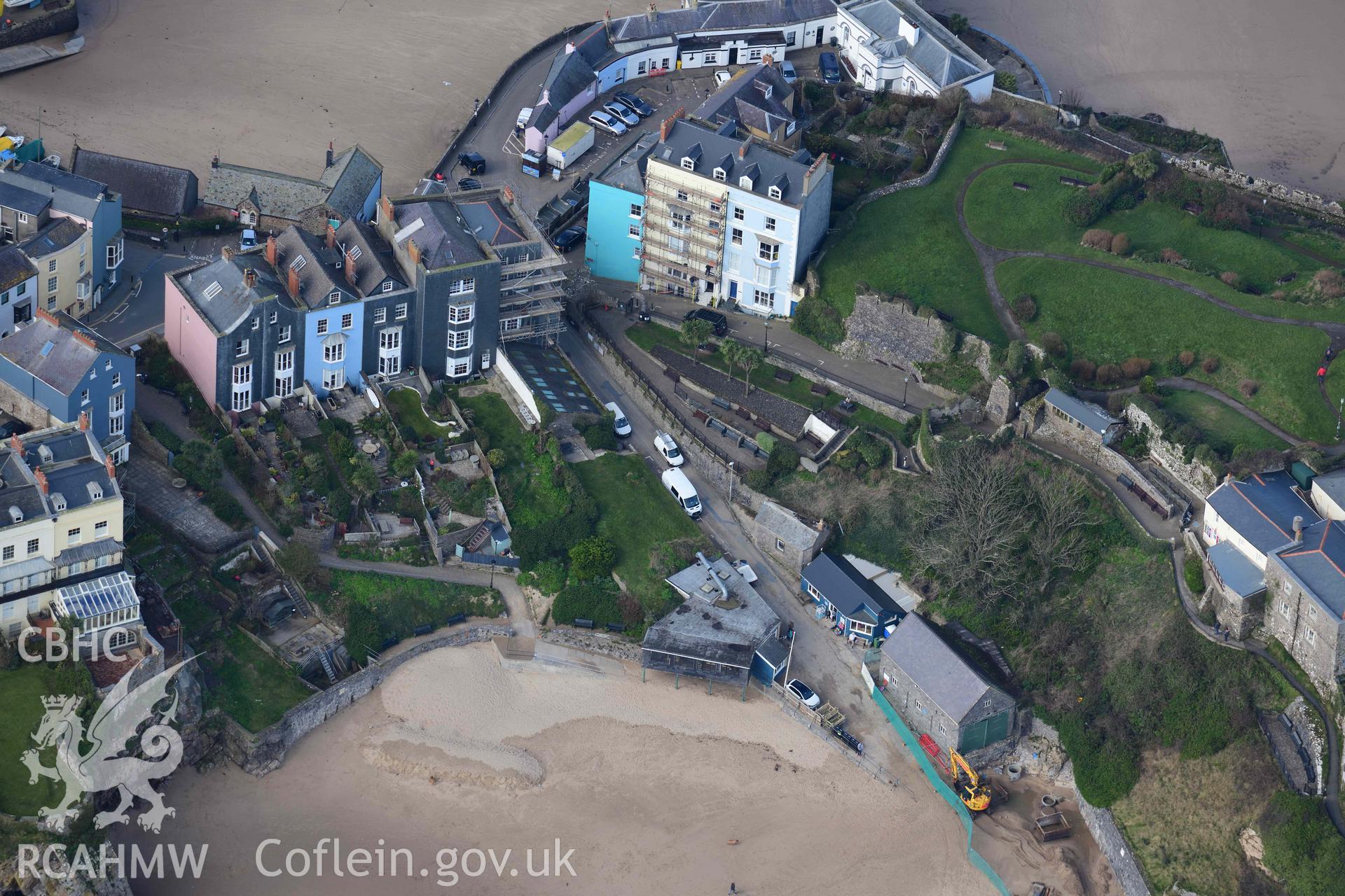 RCAHMW colour oblique aerial photograph of Tenby Castle, and slipway taken on 4 March 2022 by Toby Driver ((SN137004)