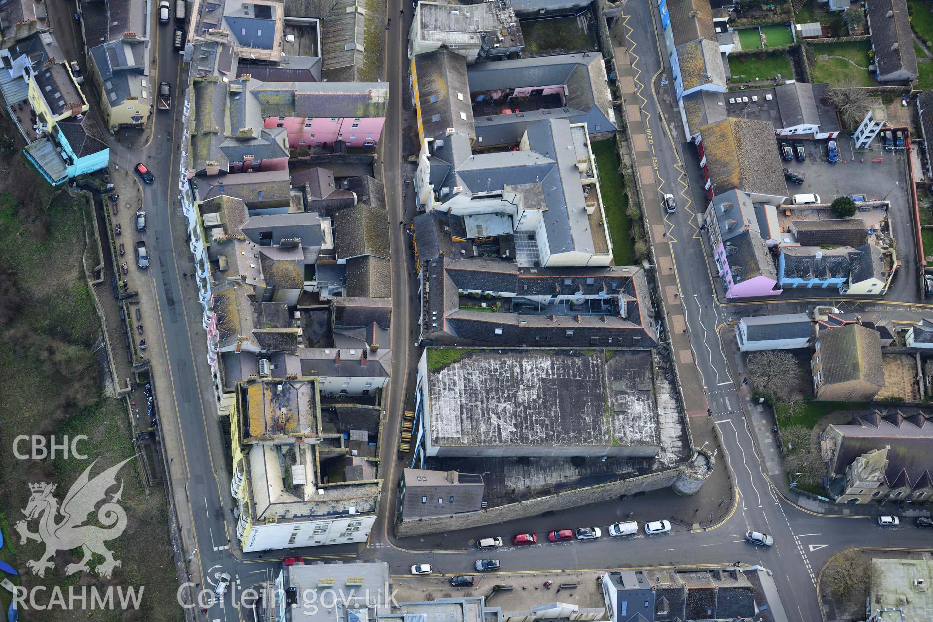 RCAHMW colour oblique aerial photograph of Tenby Town Walls, north section on White Lion Street taken on 4 March 2022 by Toby Driver ((SN132005)