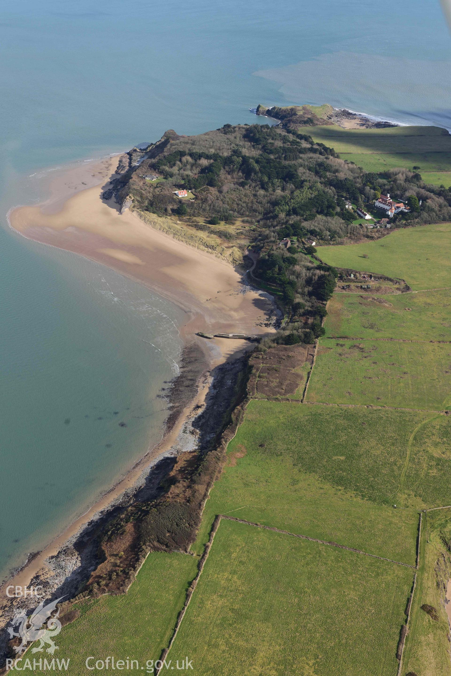 RCAHMW colour oblique aerial photograph of Caldey Island, Priory Bay from W taken on 4 March 2022 by Toby Driver ((SS140968)