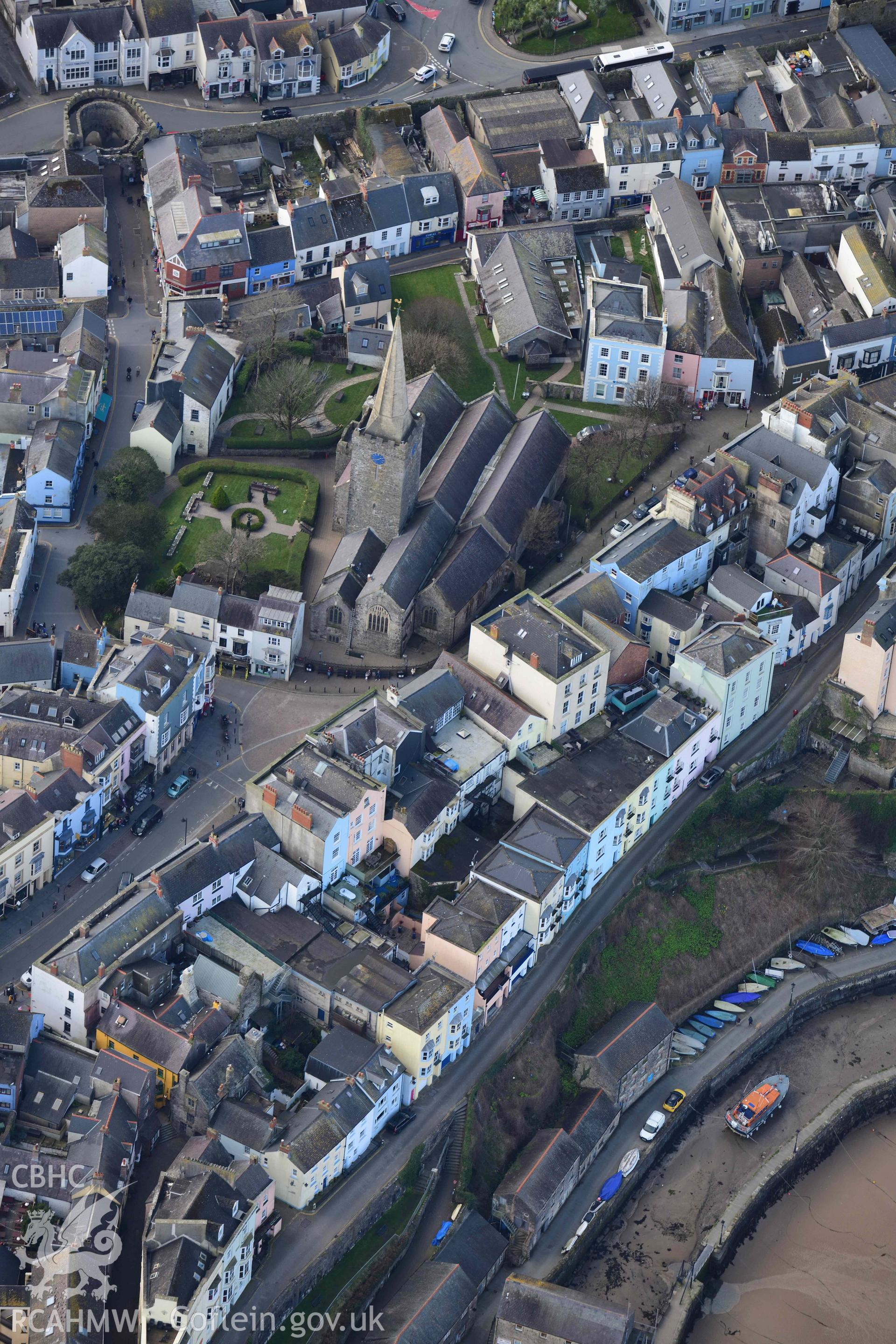 RCAHMW colour oblique aerial photograph of St Mary's Church, Tenby taken on 4 March 2022 by Toby Driver ((SN134004)