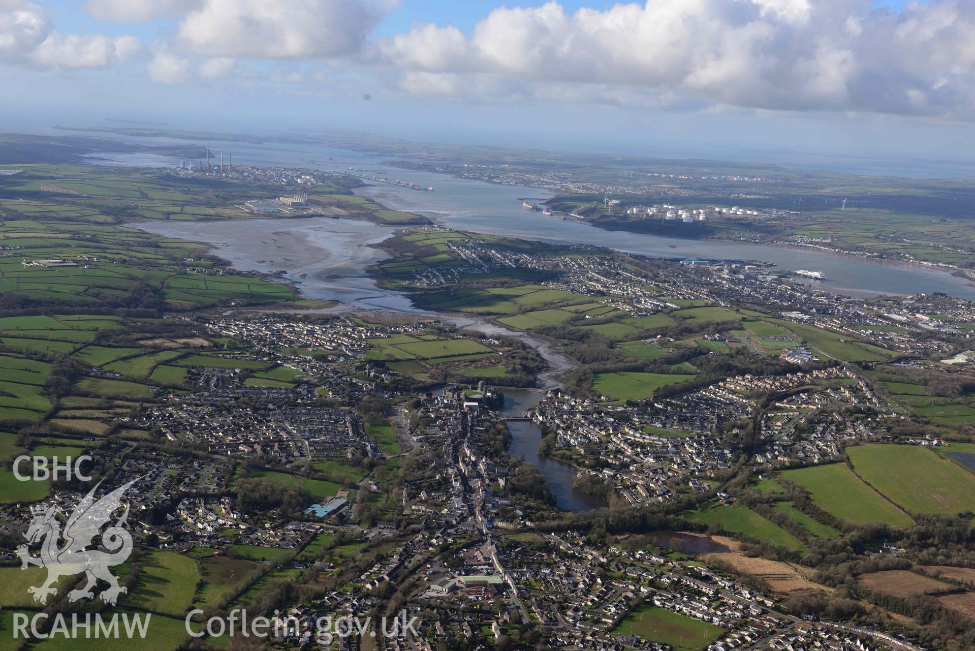 RCAHMW colour oblique aerial photograph of Pembroke town or borough, view from east taken on 4 March 2022 by Toby Driver ((SM985014)