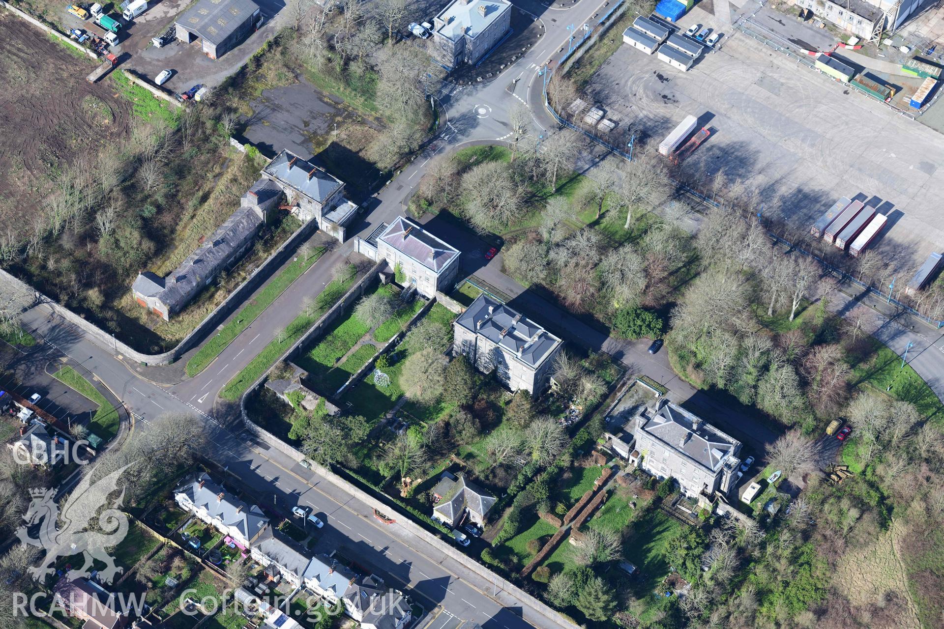 RCAHMW colour oblique aerial photograph of Pembroke Dockyard, dockyard offices taken on 4 March 2022 by Toby Driver ((SM960034)