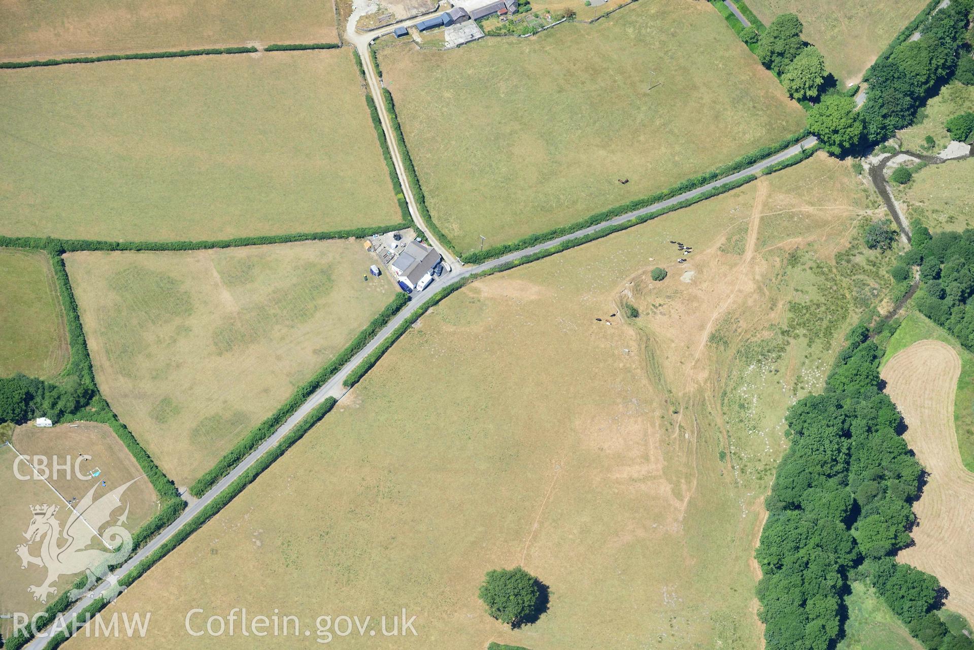 RCAHMW colour oblique aerial photograph of Aber Giar Roman Road and pits taken on 9 July 2018 by Toby Driver
