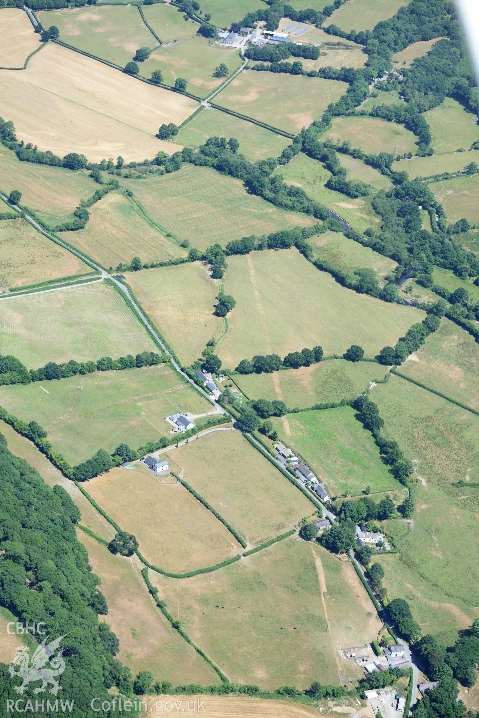 RCAHMW colour oblique aerial photograph of Roman road Llanfair Clydogau taken on 9 July 2018 by Toby Driver