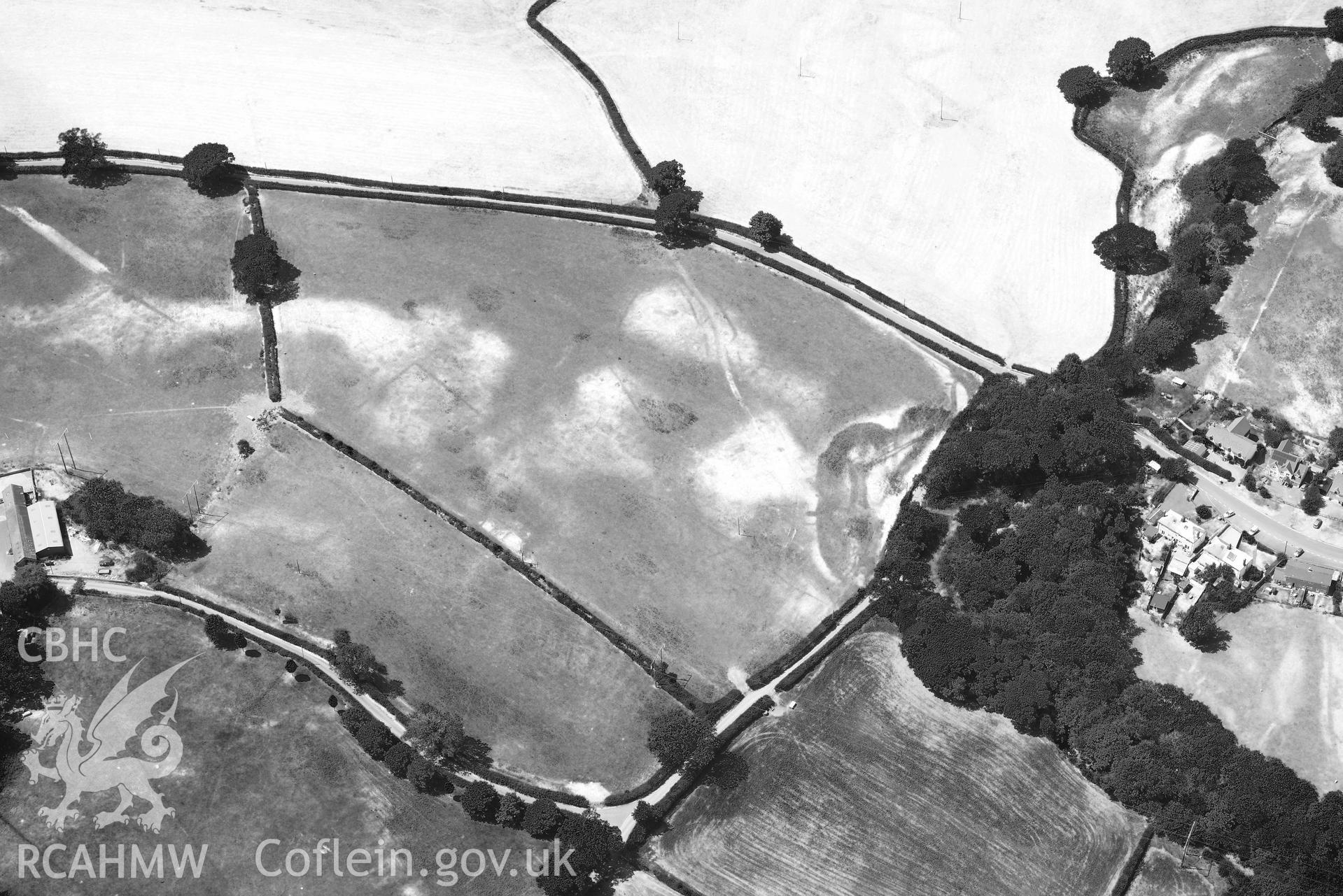 RCAHMW black and white oblique aerial photograph of Pentre Llanfair Roman road and roadside settlement taken on 9 July 2018 by Toby Driver