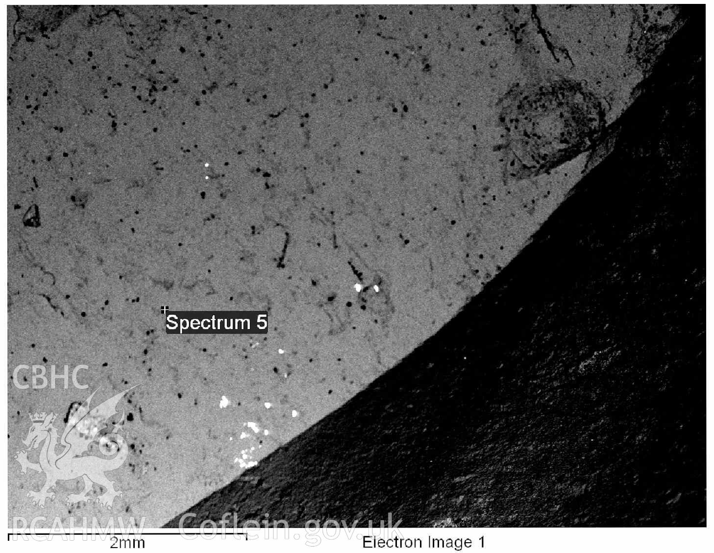 Scanning Electron Microscopy image 5 of the deposit on the 2003 flint microdenticulate (NPRN 424528). © Crown: CHERISH PROJECT. Produced with EU funds through the Ireland Wales Co-operation Programme 2014-2020. All material made freely available through the Open Government Licence.