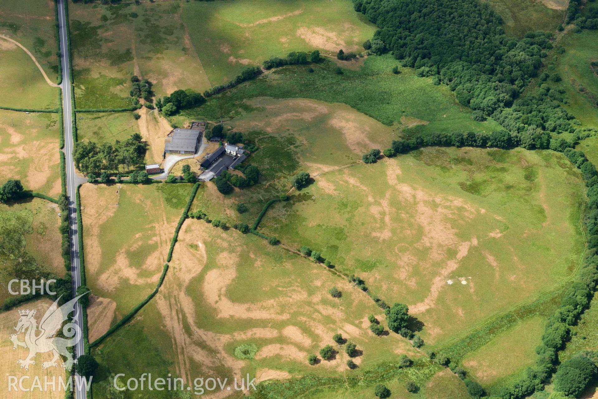 RCAHMW colour oblique aerial photograph of Elan aqueduct parchmarks at Dulas and Daverneithen circular structure taken on 9 July 2018 by Toby Driver