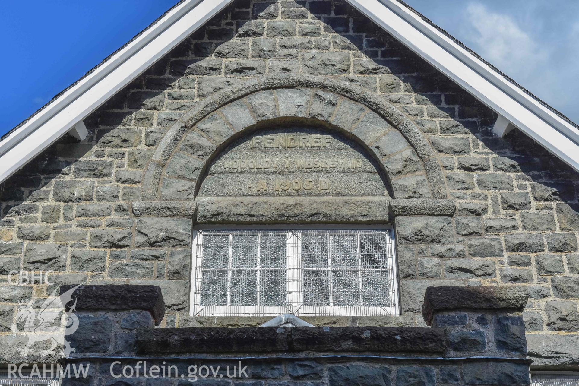 Pendref Wesleyan Methodist Sunday School - View of the date of the chapel being built, above the entrance to the chapel, taken from South-West