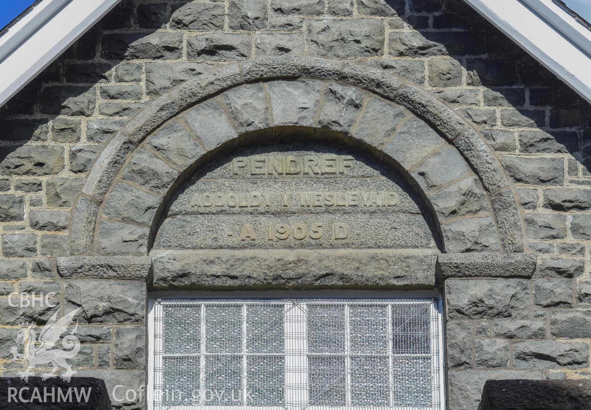 Pendref Wesleyan Methodist Sunday School - Detailed view of the date of the chapel being built, above the entrance to the chapel, taken from South-West