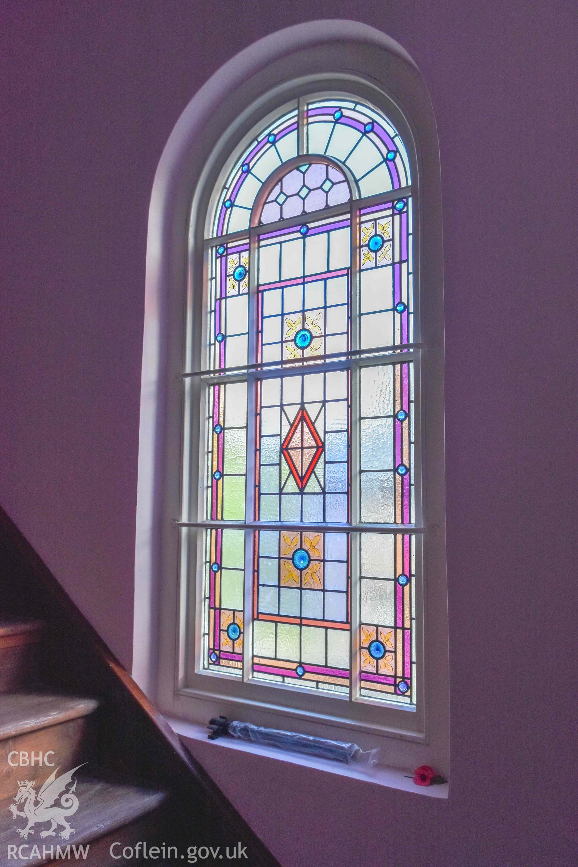 Salem Chapel - Internal, View of a stained-glass window by the staircase to the gallery, taken from South-East