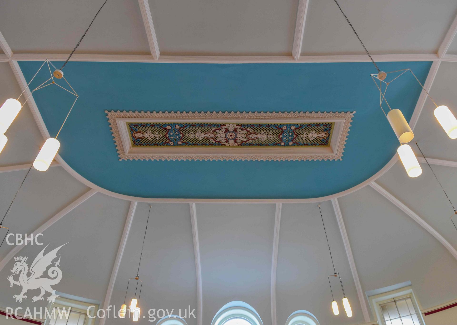Salem Chapel - Internal, View of a decorated vent on the ceiling and chandeliers from below, taken from South