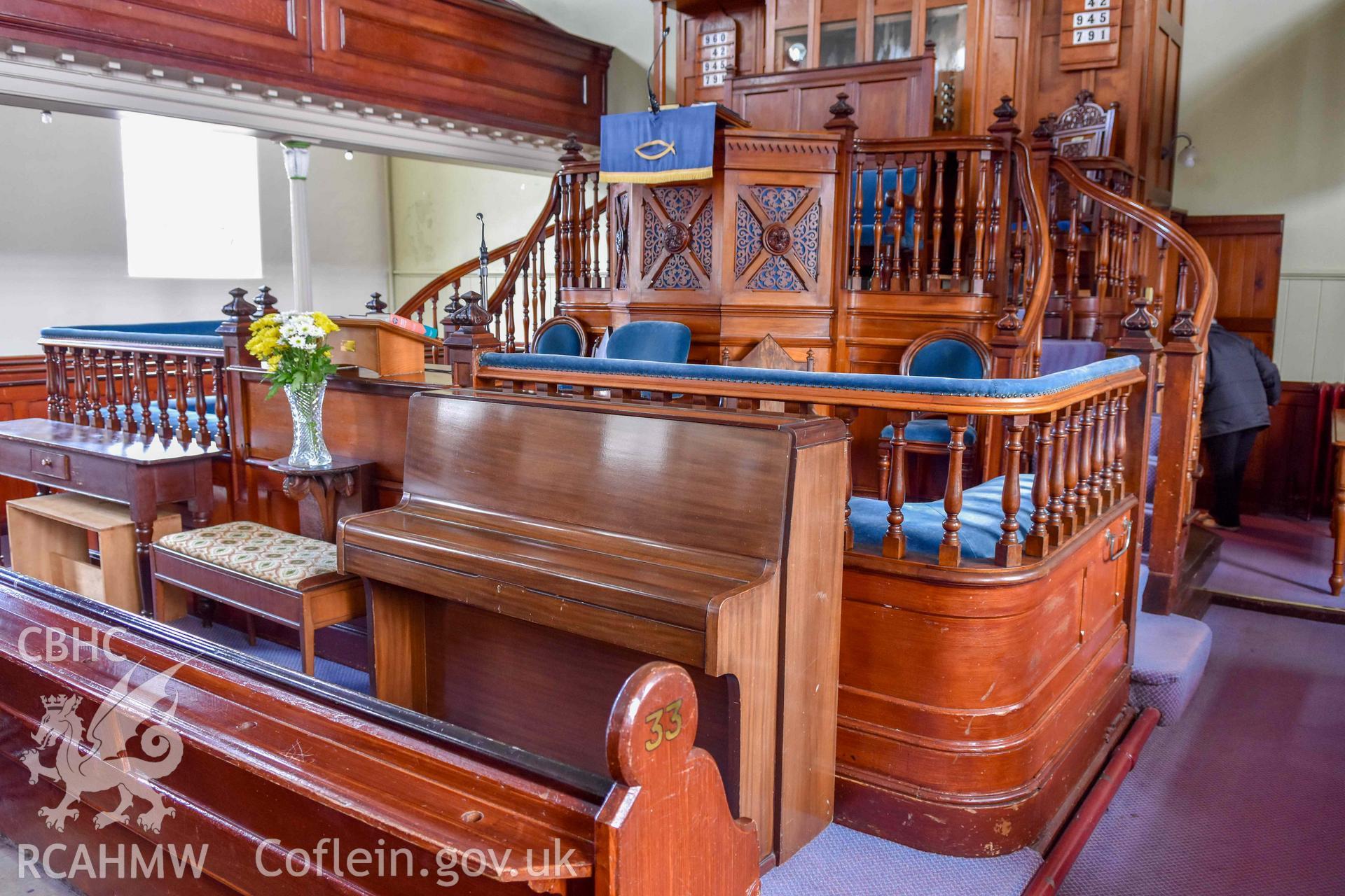 Tabernacl Welsh Independent Chapel - View of the chapel's communion table and pulpit, taken from South-East