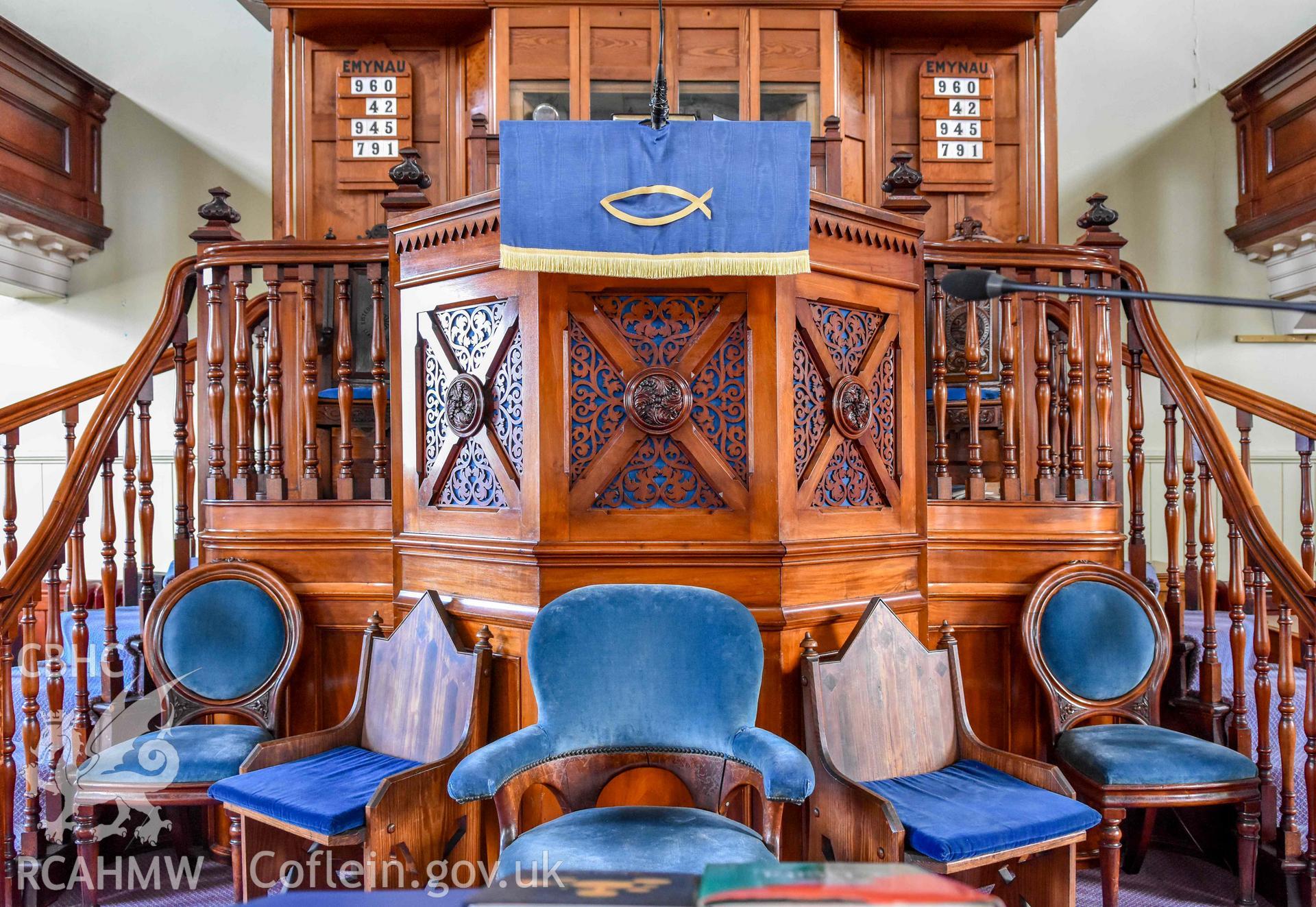 Tabernacl Welsh Independent Chapel - View of the front of the pulpit, taken from South