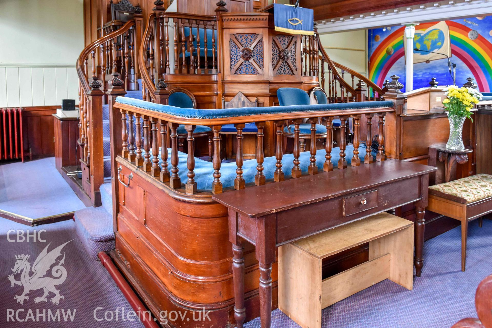 Tabernacl Welsh Independent Chapel - View of church elder's seating around the pulpit and communion table, taken from South-West
