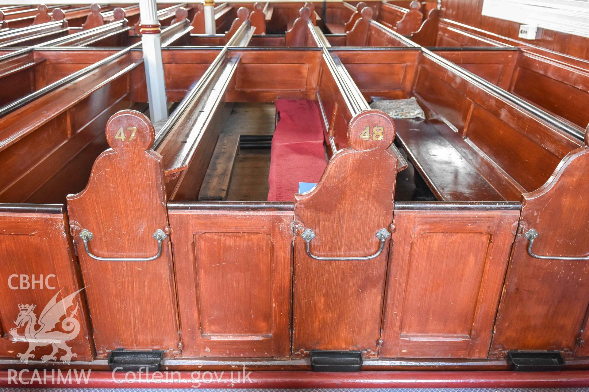 Tabernacl Welsh Independent Chapel - View of pews at the rear of the nave, taken from West