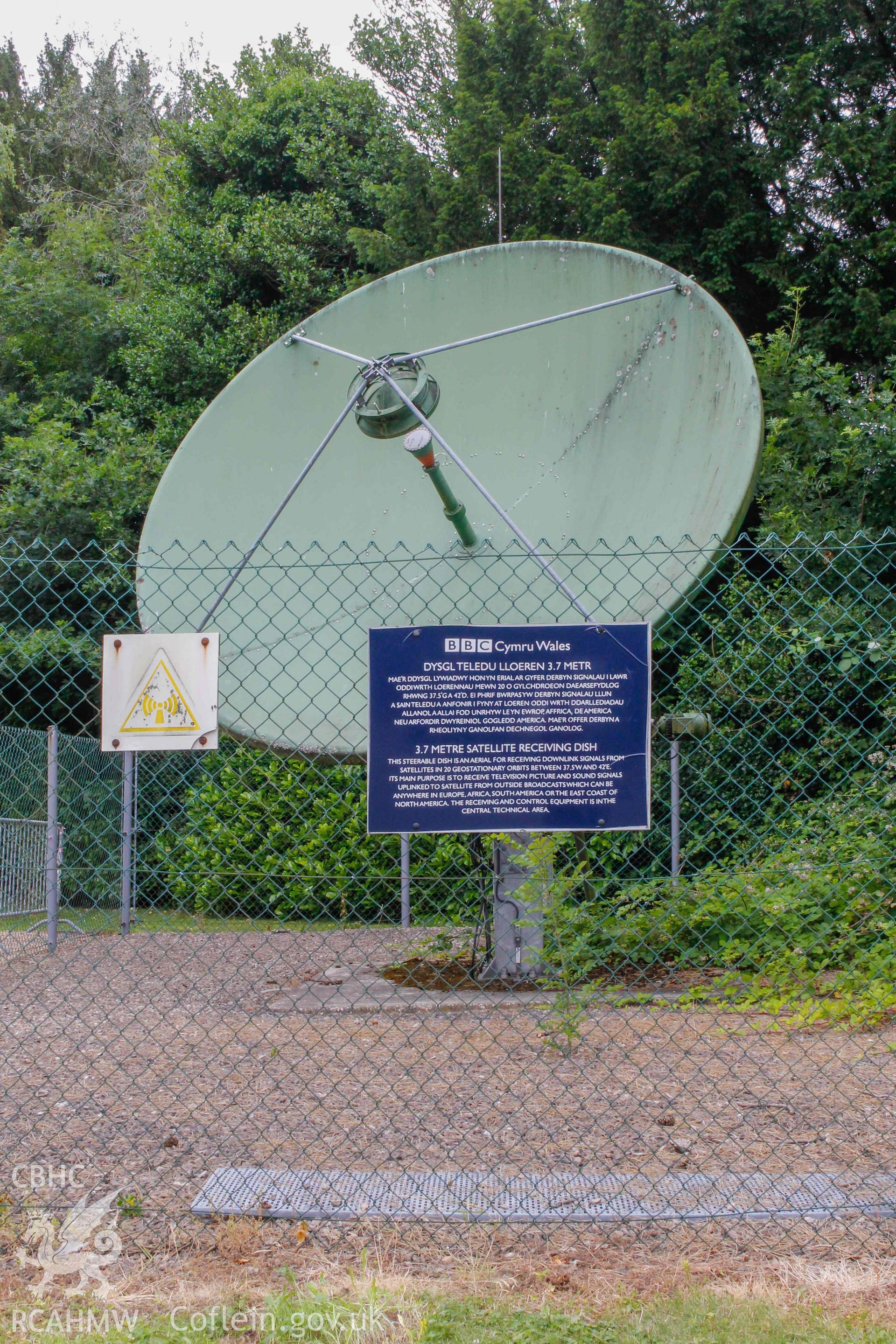 BBC Broadcasting House - Exterior, Satellite Dish: View of warning and information signs on the fence surrounding the satellite, taken from South