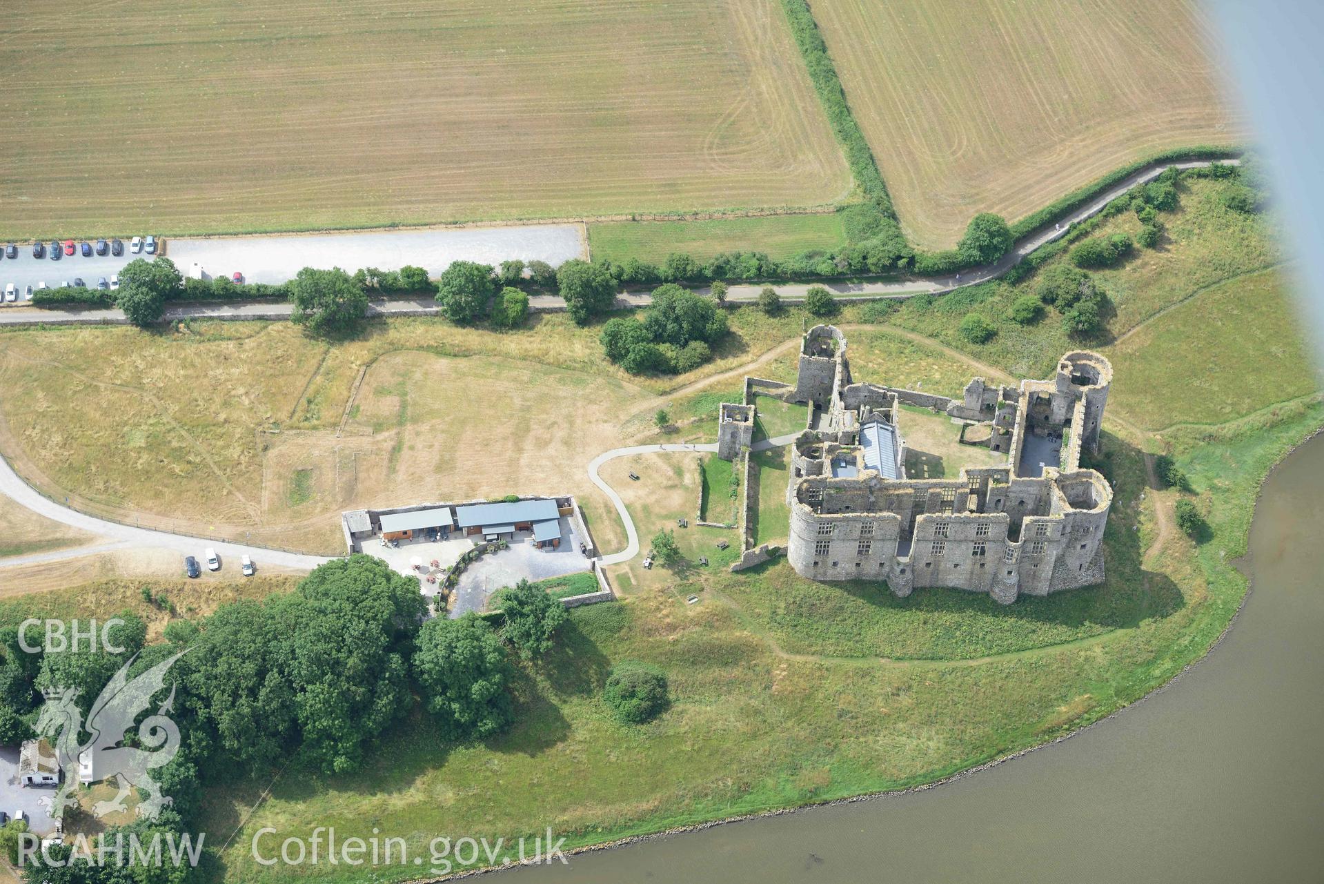 Aerial photography of  Carew Castle Aerial reconnaissance survey for the CHERISH Project. Crown Copyright: CHERISH PROJECT 2018. Produced with EU funds through the Ireland Wales Co-operation Programme 2014-2020. All material made freely available through the Open Government Licence.