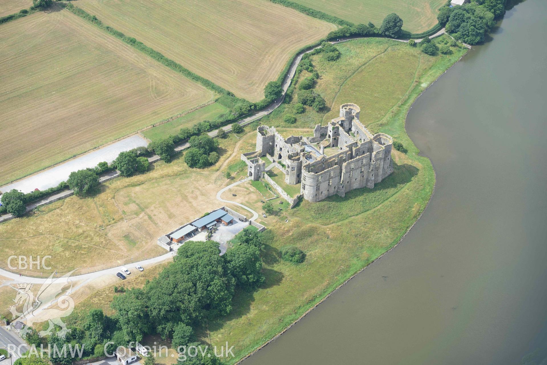 Aerial photography of  Carew Castle Aerial reconnaissance survey for the CHERISH Project. Crown Copyright: CHERISH PROJECT 2018. Produced with EU funds through the Ireland Wales Co-operation Programme 2014-2020. All material made freely available through the Open Government Licence.