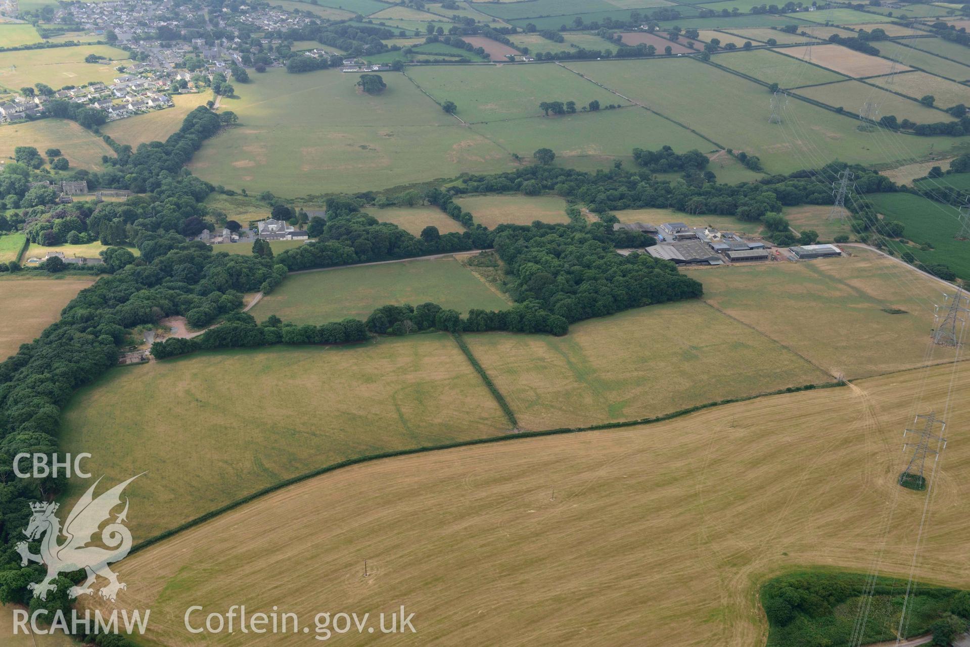 Aerial photography of Windsor Farm, Lamphey, defended Enclosure Aerial reconnaissance survey for the CHERISH Project. Crown Copyright: CHERISH PROJECT 2018. Produced with EU funds through the Ireland Wales Co-operation Programme 2014-2020. All material made freely available through the Open Government Licence.