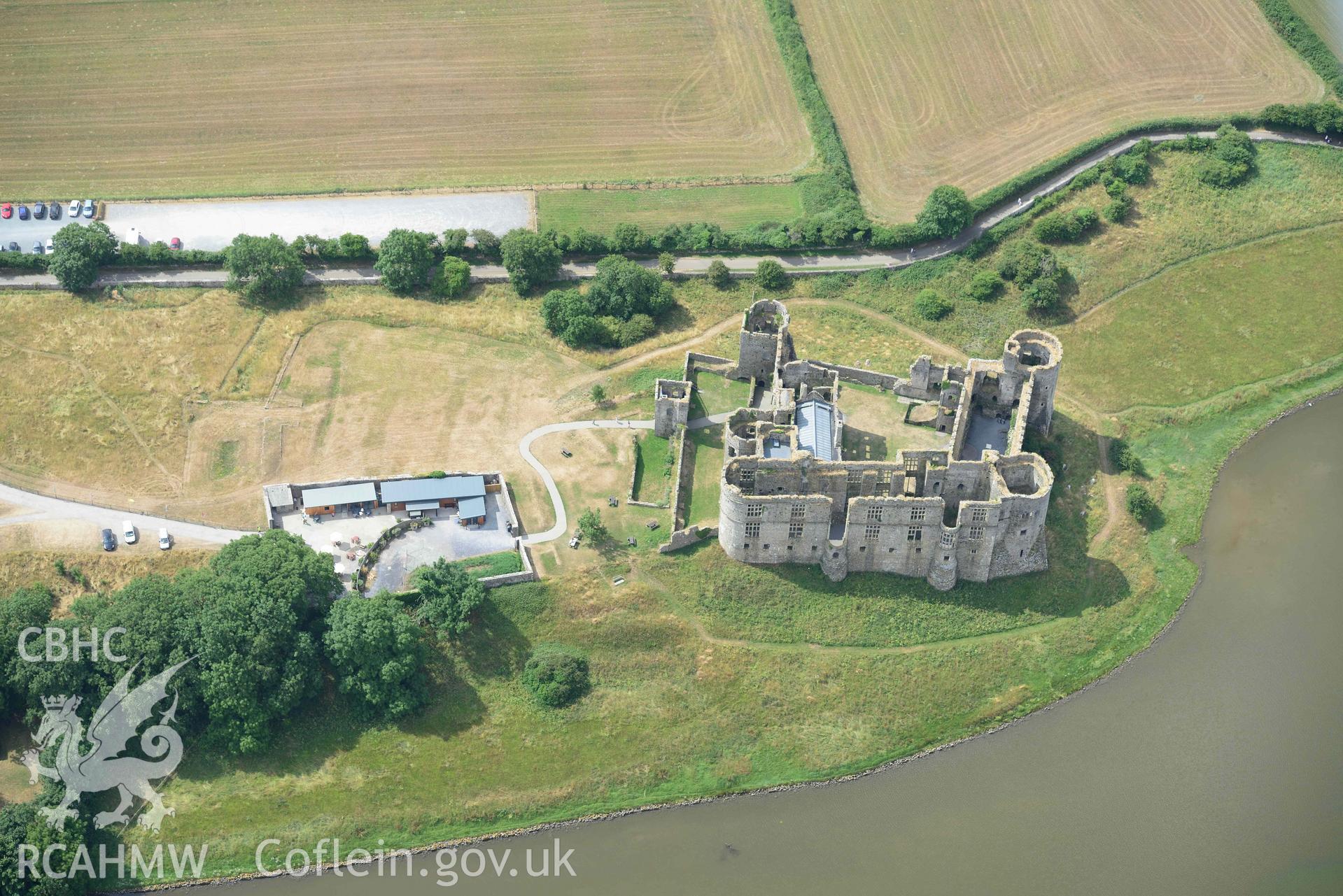 Aerial photography of  Carew Castle Aerial reconnaissance survey for the CHERISH Project. Crown Copyright: CHERISH PROJECT 2018. Produced with EU funds through the Ireland Wales Co-operation Programme 2014-2020. All material made freely available through the Open Government Licence.