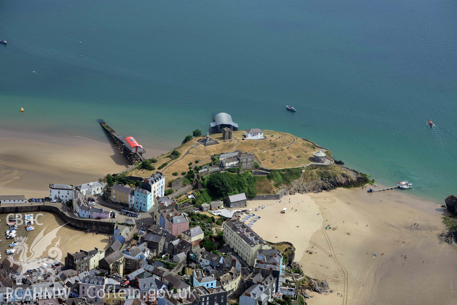 Aerial photography of Tenby town, lifeboat station and castle Aerial reconnaissance survey for the CHERISH Project. Crown Copyright: CHERISH PROJECT 2018. Produced with EU funds through the Ireland Wales Co-operation Programme 2014-2020. All material made freely available through the Open Government Licence.