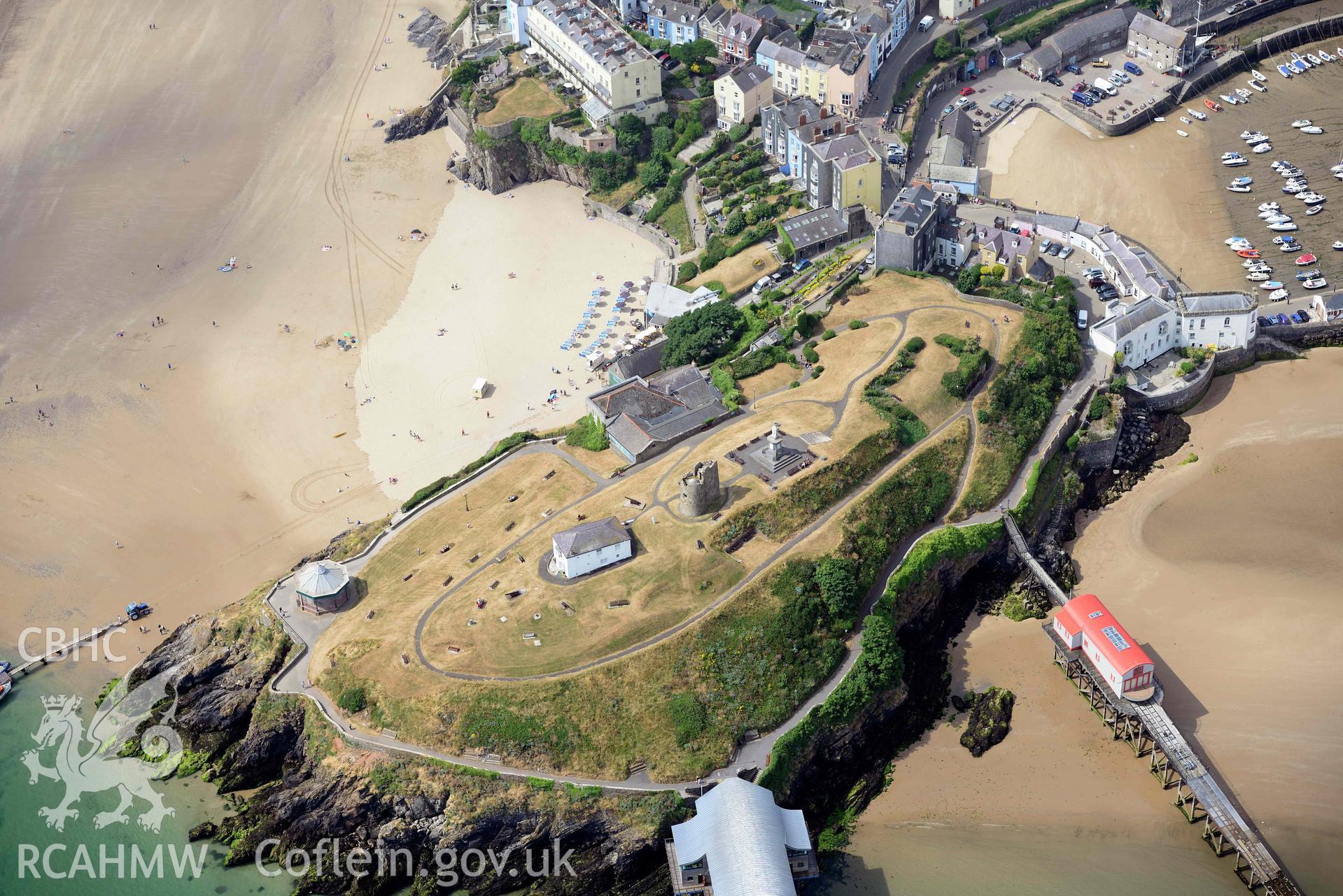 Aerial photography of Tenby town, lifeboat station and castle Aerial reconnaissance survey for the CHERISH Project. Crown Copyright: CHERISH PROJECT 2018. Produced with EU funds through the Ireland Wales Co-operation Programme 2014-2020. All material made freely available through the Open Government Licence.