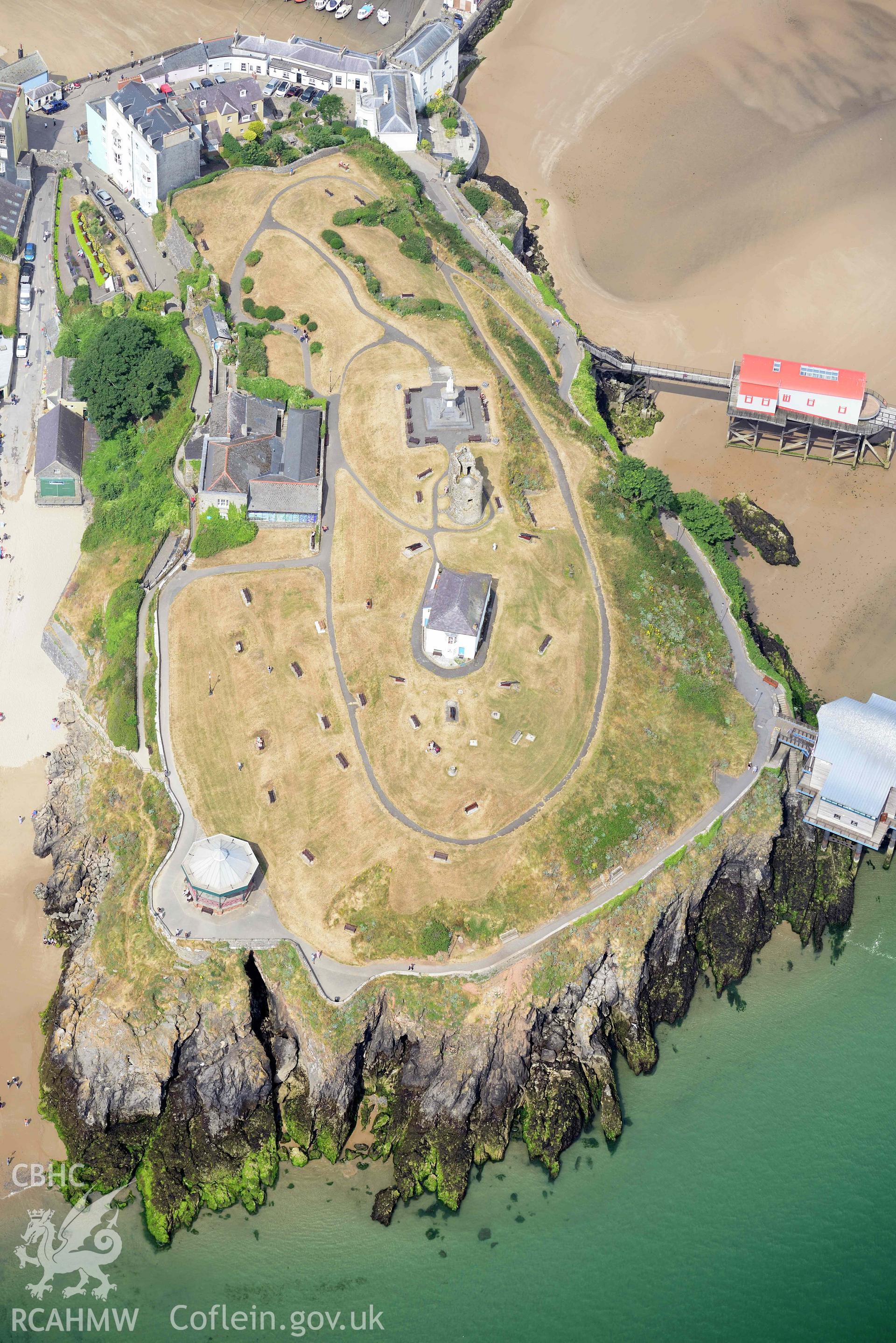 Aerial photography of Tenby town, lifeboat station and castle Aerial reconnaissance survey for the CHERISH Project. Crown Copyright: CHERISH PROJECT 2018. Produced with EU funds through the Ireland Wales Co-operation Programme 2014-2020. All material made freely available through the Open Government Licence.