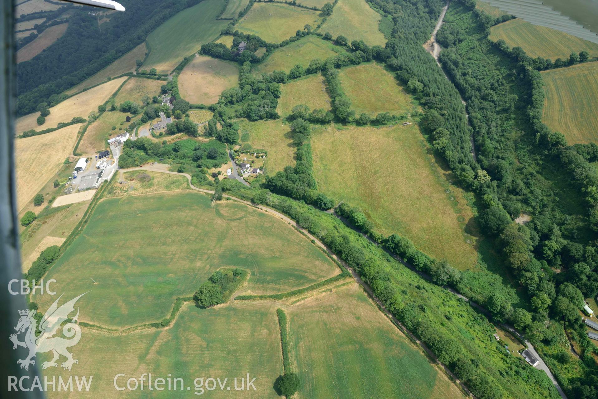 Aerial photography of  Little Castle Park mound, defended enclosure Aerial reconnaissance survey for the CHERISH Project. Crown Copyright: CHERISH PROJECT 2018. Produced with EU funds through the Ireland Wales Co-operation Programme 2014-2020. All material made freely available through the Open Government Licence.