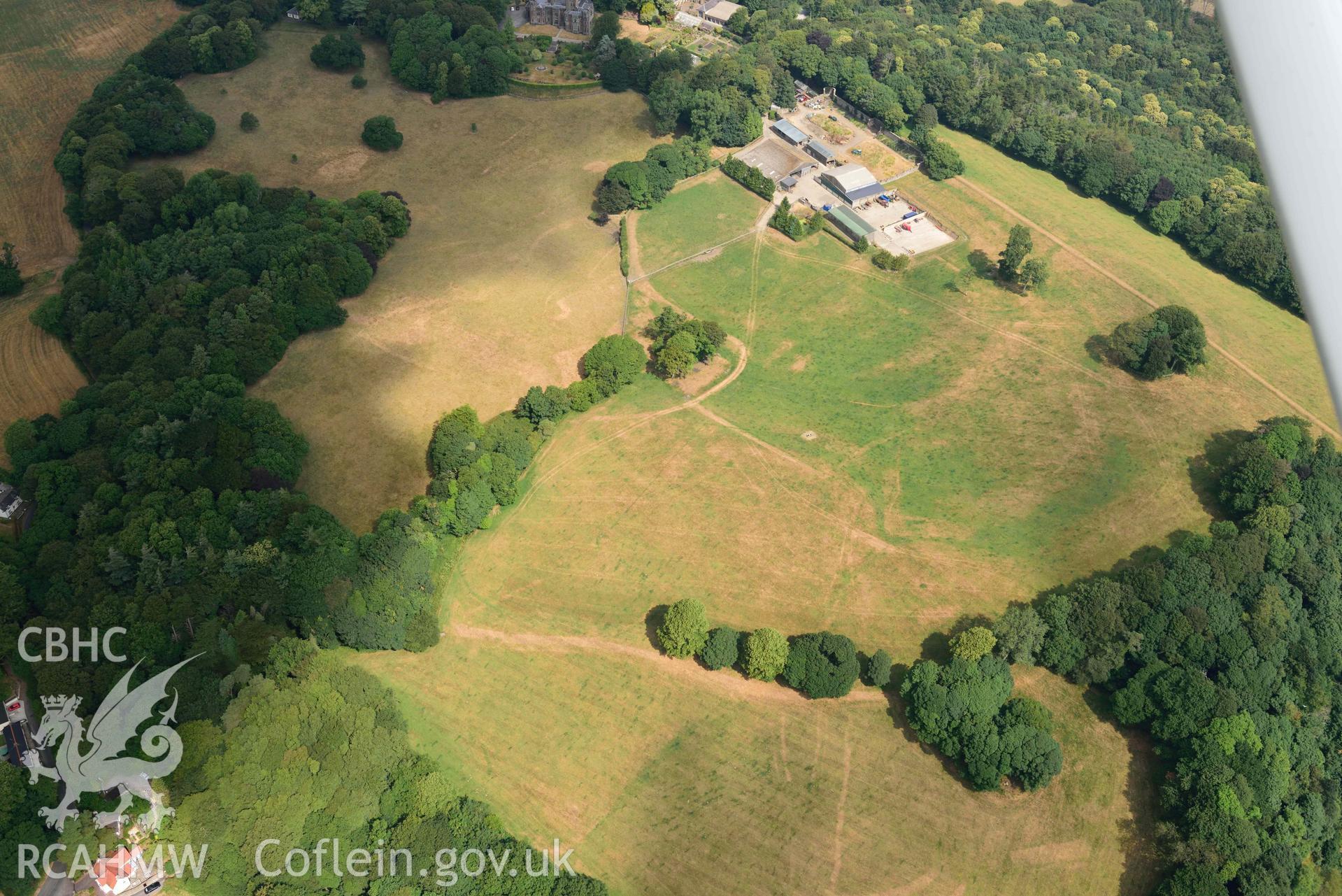 Aerial photography of  Hean Castle and garden Aerial reconnaissance survey for the CHERISH Project. Crown Copyright: CHERISH PROJECT 2018. Produced with EU funds through the Ireland Wales Co-operation Programme 2014-2020. All material made freely available through the Open Government Licence.