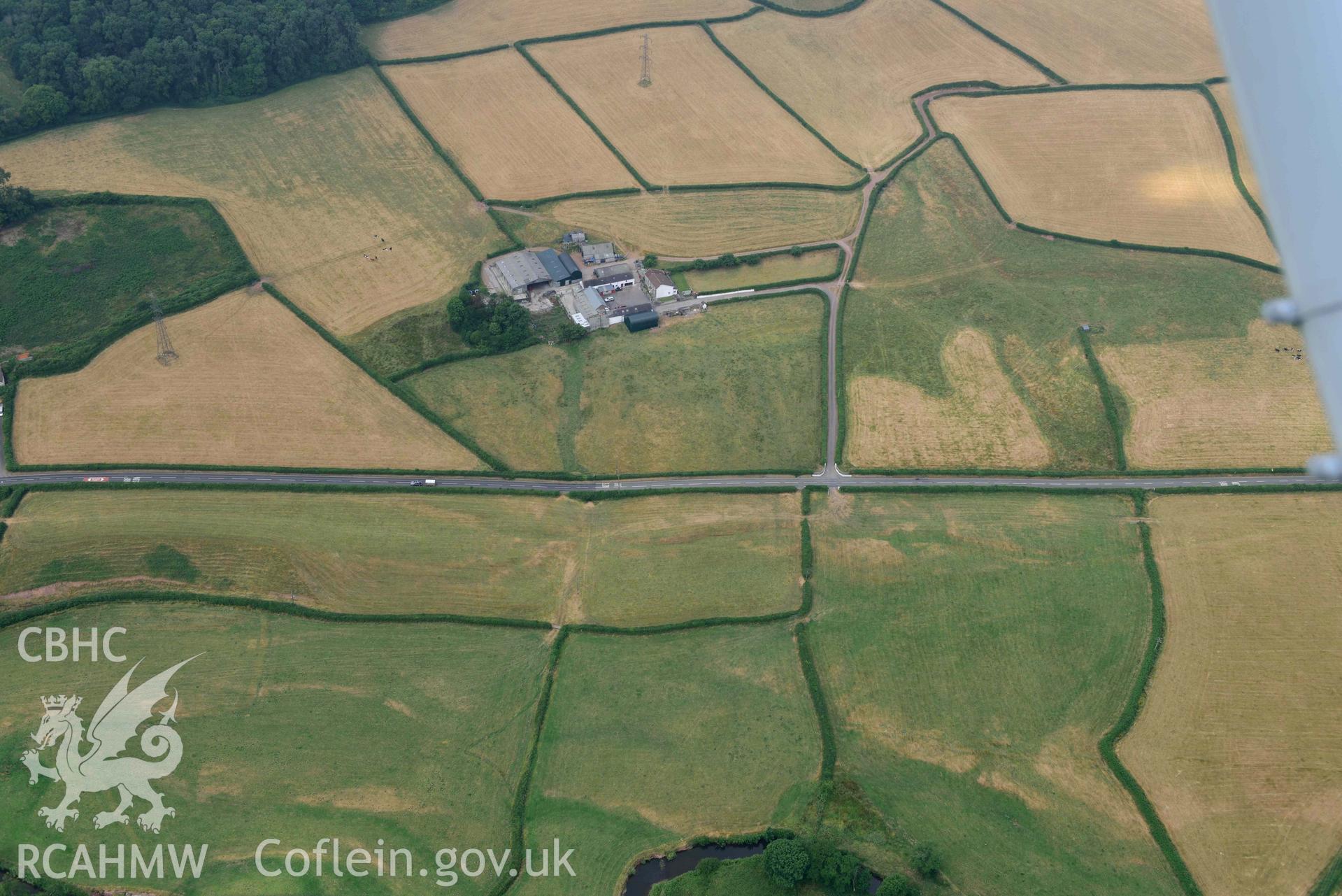 Aerial photography of Roman Road, 60 Carmarthan to Kidwelly at Pontmorlais cottage Aerial reconnaissance survey for the CHERISH Project. Crown Copyright: CHERISH PROJECT 2018. Produced with EU funds through the Ireland Wales Co-operation Programme 2014-2020. All material made freely available through the Open Government Licence.