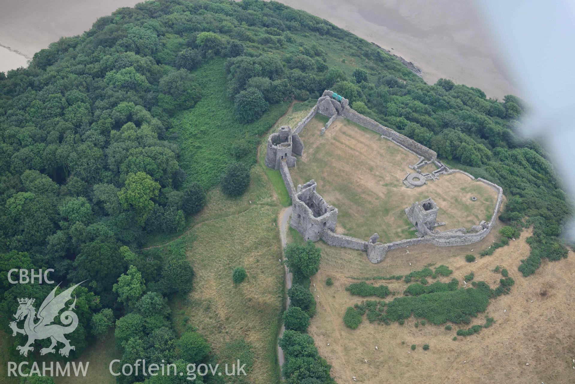 Aerial photography of  Llansteffan castle Aerial reconnaissance survey for the CHERISH Project. Crown Copyright: CHERISH PROJECT 2018. Produced with EU funds through the Ireland Wales Co-operation Programme 2014-2020. All material made freely available through the Open Government Licence.