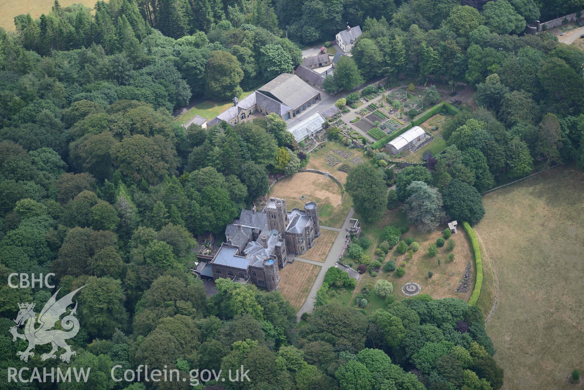 Aerial photography of  Hean Castle and garden Aerial reconnaissance survey for the CHERISH Project. Crown Copyright: CHERISH PROJECT 2018. Produced with EU funds through the Ireland Wales Co-operation Programme 2014-2020. All material made freely available through the Open Government Licence.