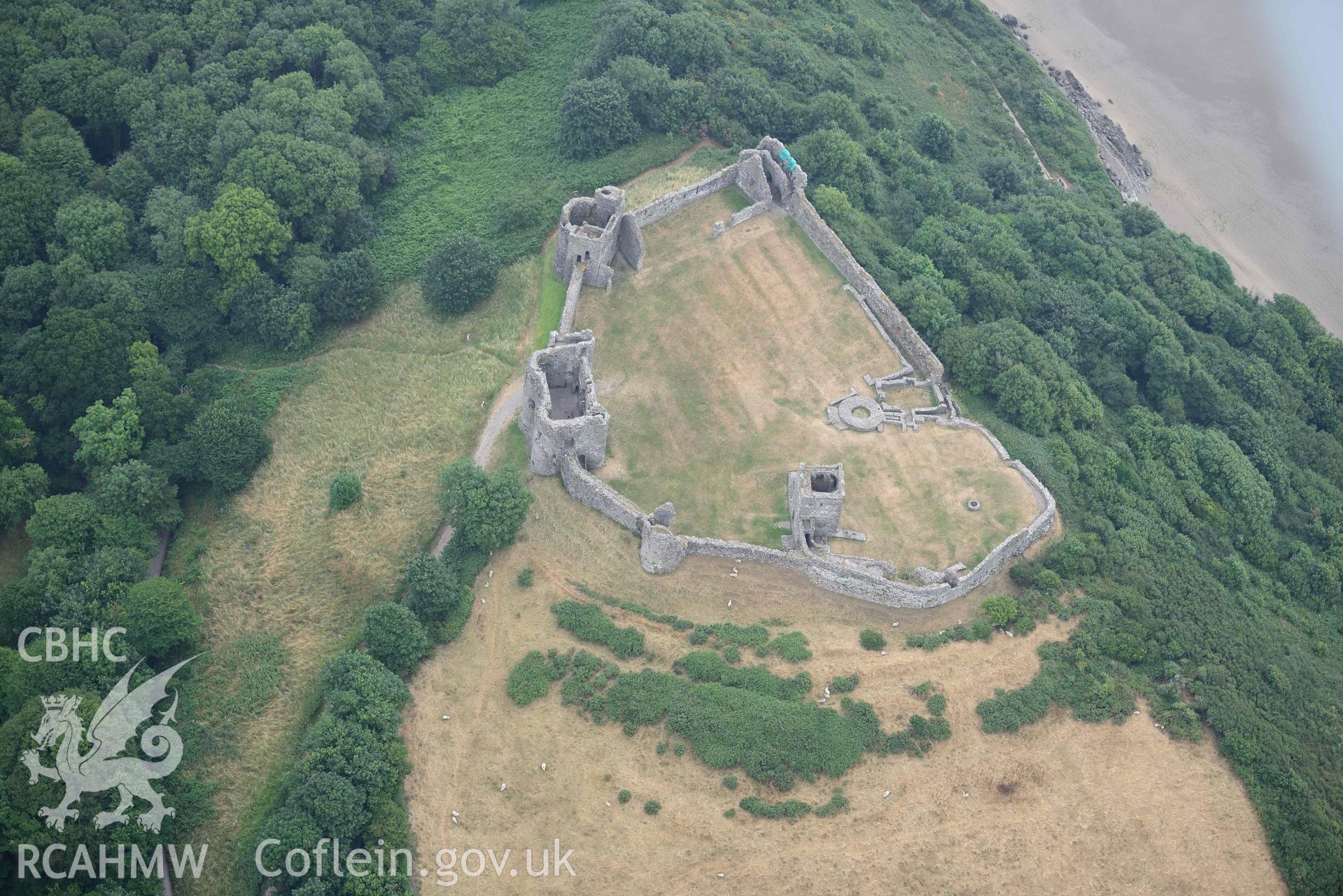 Aerial photography of  Llansteffan castle Aerial reconnaissance survey for the CHERISH Project. Crown Copyright: CHERISH PROJECT 2018. Produced with EU funds through the Ireland Wales Co-operation Programme 2014-2020. All material made freely available through the Open Government Licence.