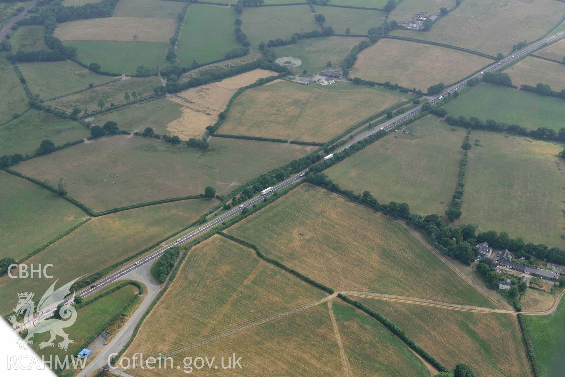 Aerial photography of Roman Road West of Carmarthen (Via Julia, Zabulon Section) - section east at Bwlchydomen (SN 516 168) Aerial reconnaissance survey for the CHERISH Project. Crown Copyright: CHERISH PROJECT 2018. Produced with EU funds through the Ireland Wales Co-operation Programme 2014-2020. All material made freely available through the Open Government Licence.