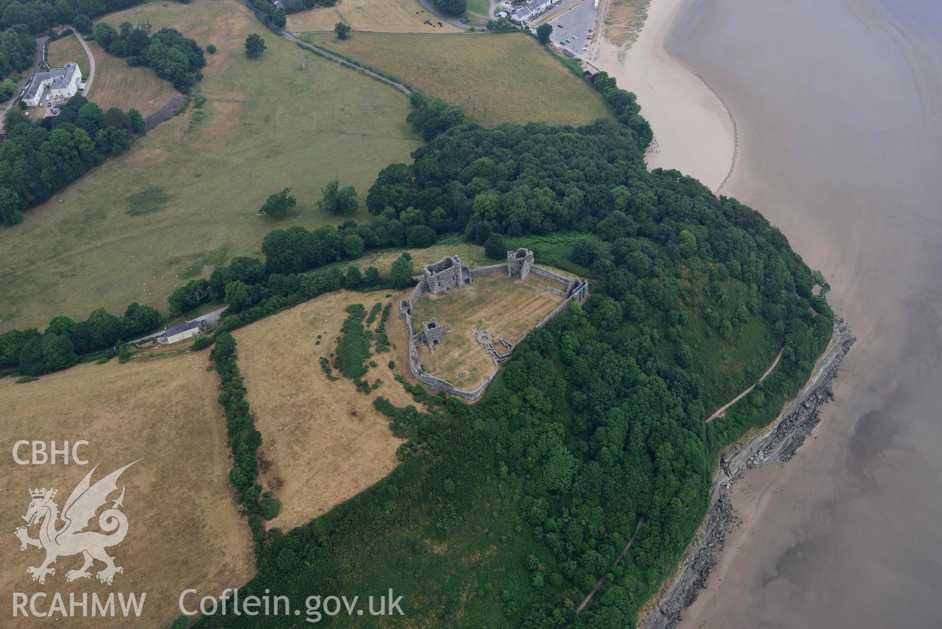 Aerial photography of  Llansteffan castle Aerial reconnaissance survey for the CHERISH Project. Crown Copyright: CHERISH PROJECT 2018. Produced with EU funds through the Ireland Wales Co-operation Programme 2014-2020. All material made freely available through the Open Government Licence.