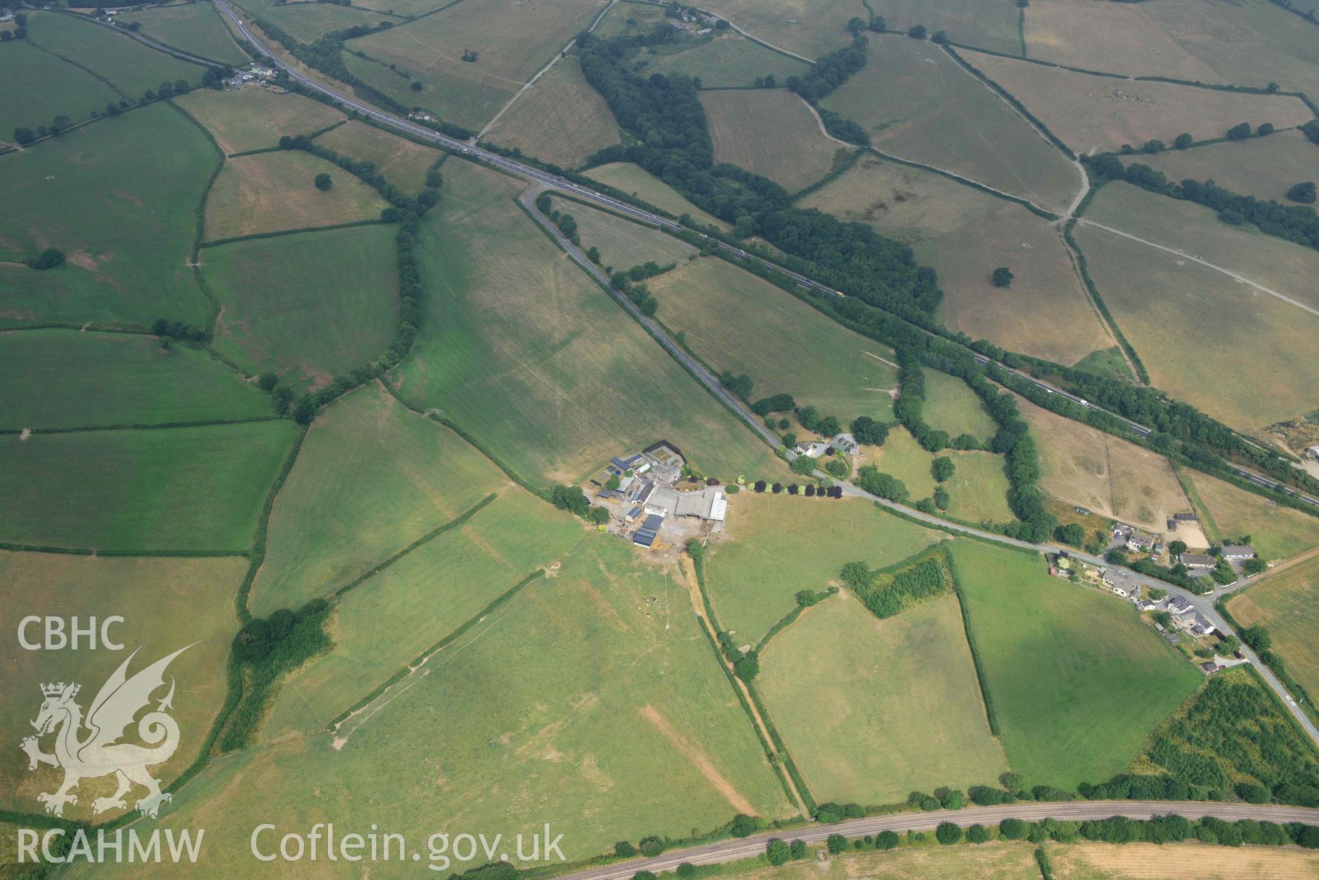 Aerial photography of Roman road, west of Carmarthan, section at Moor Aerial reconnaissance survey for the CHERISH Project. Crown Copyright: CHERISH PROJECT 2018. Produced with EU funds through the Ireland Wales Co-operation Programme 2014-2020. All material made freely available through the Open Government Licence.