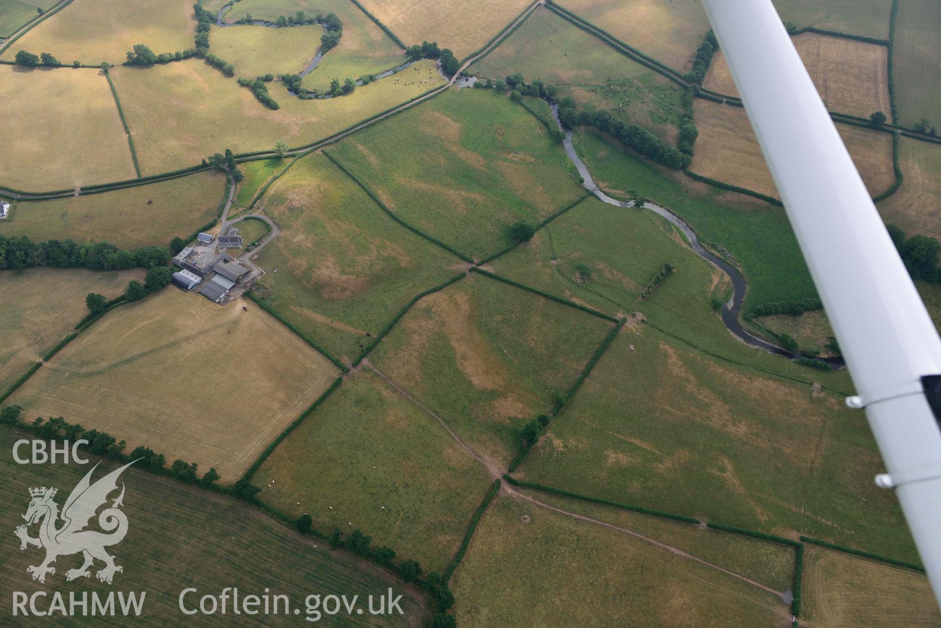 Aerial photography of Roman road, south of Nantllan Aerial reconnaissance survey for the CHERISH Project. Crown Copyright: CHERISH PROJECT 2018. Produced with EU funds through the Ireland Wales Co-operation Programme 2014-2020. All material made freely available through the Open Government Licence.