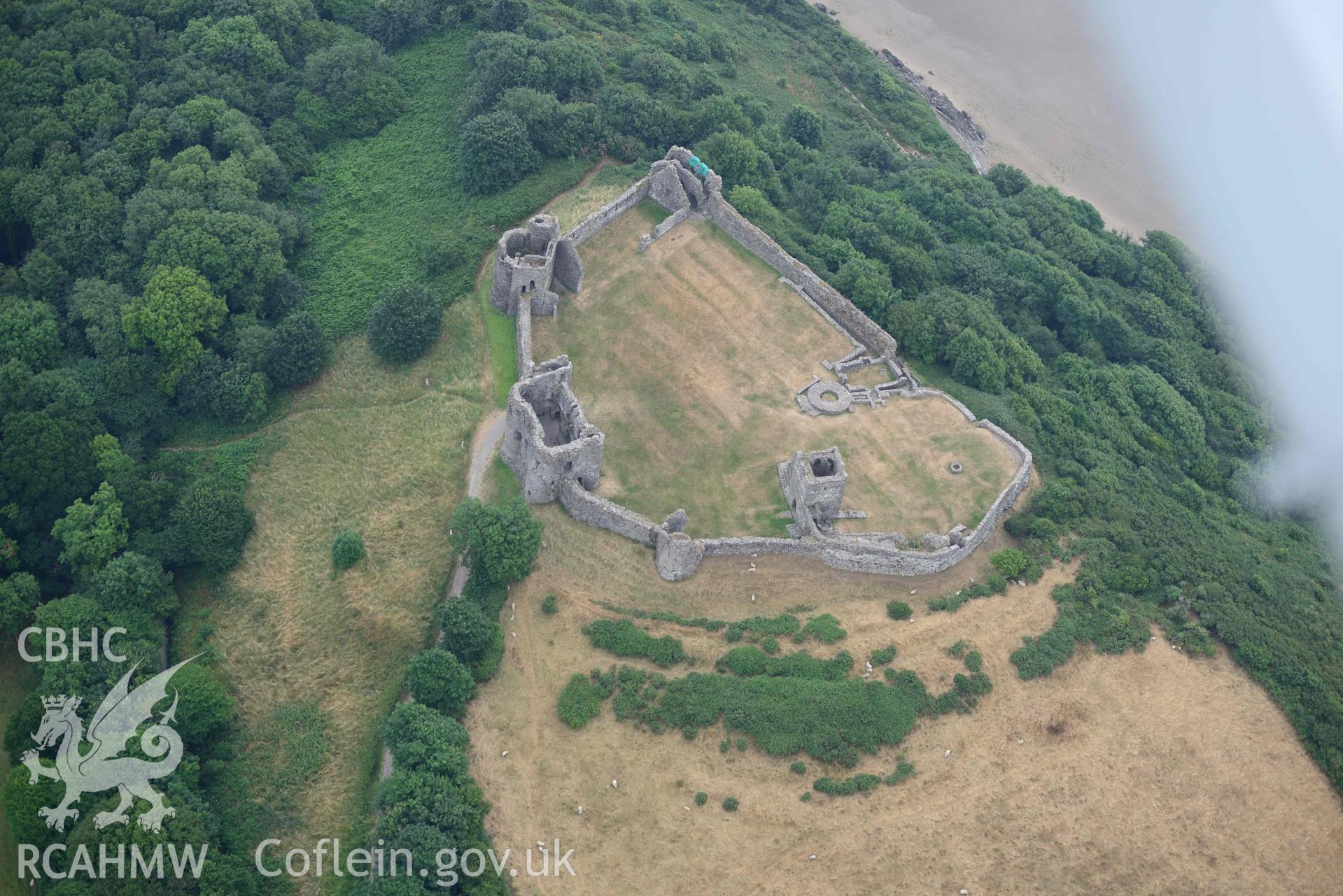 Aerial photography of  Llansteffan castle Aerial reconnaissance survey for the CHERISH Project. Crown Copyright: CHERISH PROJECT 2018. Produced with EU funds through the Ireland Wales Co-operation Programme 2014-2020. All material made freely available through the Open Government Licence.