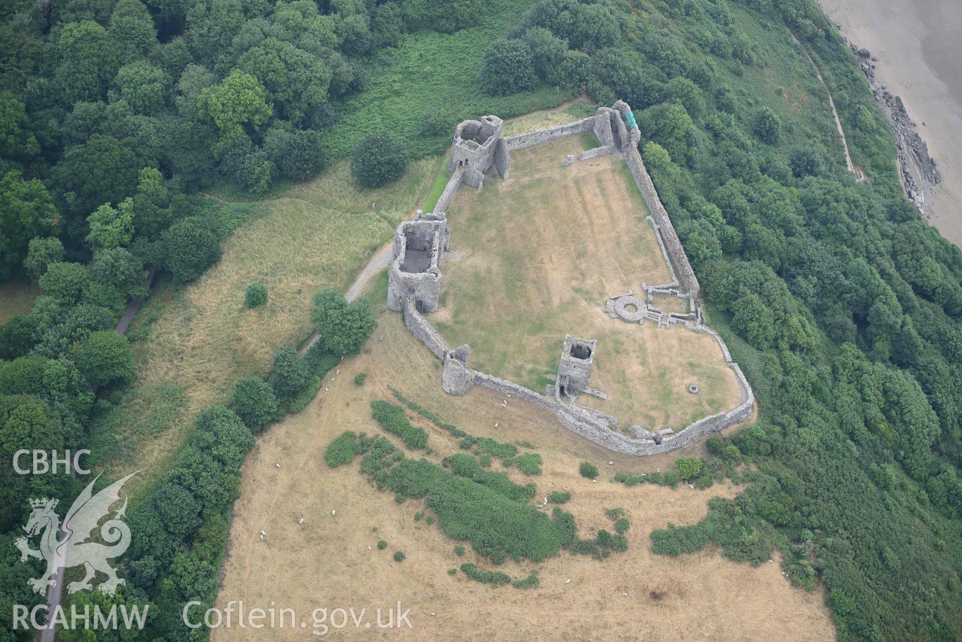 Aerial photography of  Llansteffan castle Aerial reconnaissance survey for the CHERISH Project. Crown Copyright: CHERISH PROJECT 2018. Produced with EU funds through the Ireland Wales Co-operation Programme 2014-2020. All material made freely available through the Open Government Licence.